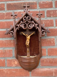 Antique Handcrafted & Hand Carved Gothic Revival Wall Shrine Chapel w. Crucifix