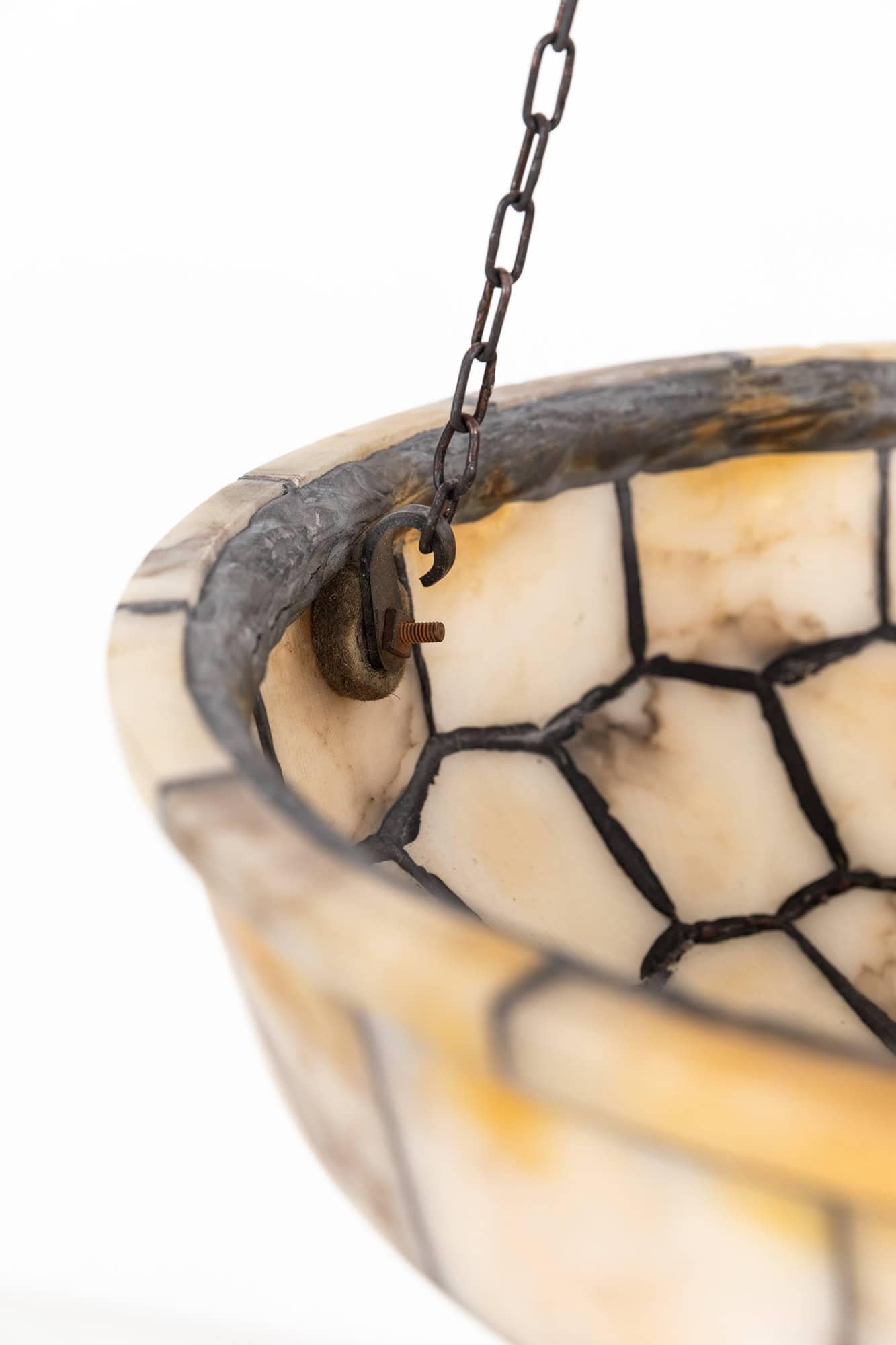 Antique Hand Crafted Leaded Alabaster Plafonnier Ceiling Light Pendant, C.1900 In Good Condition In London, GB
