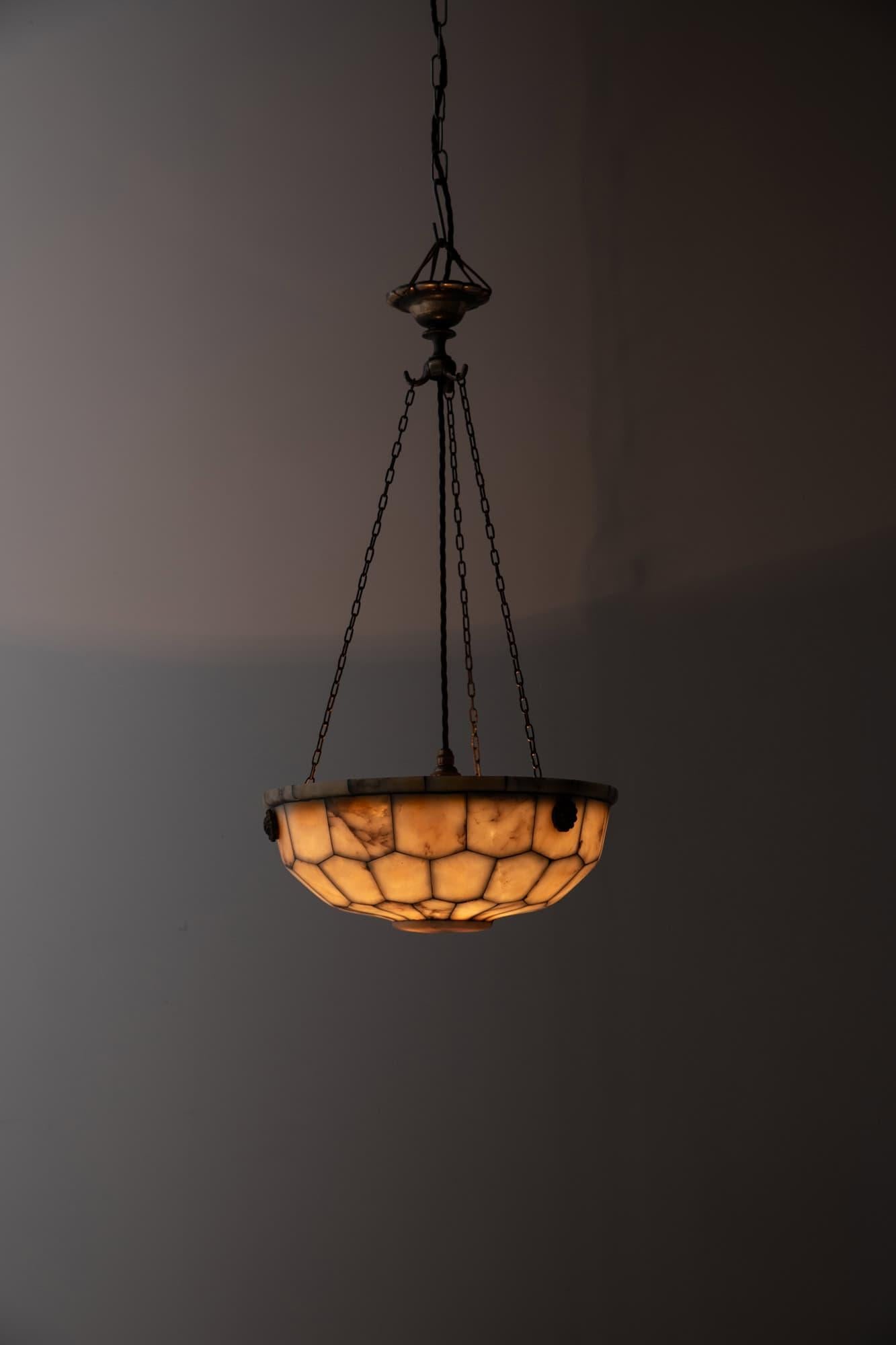 19th Century Antique Hand Crafted Leaded Alabaster Plafonnier Ceiling Light Pendant, C.1900