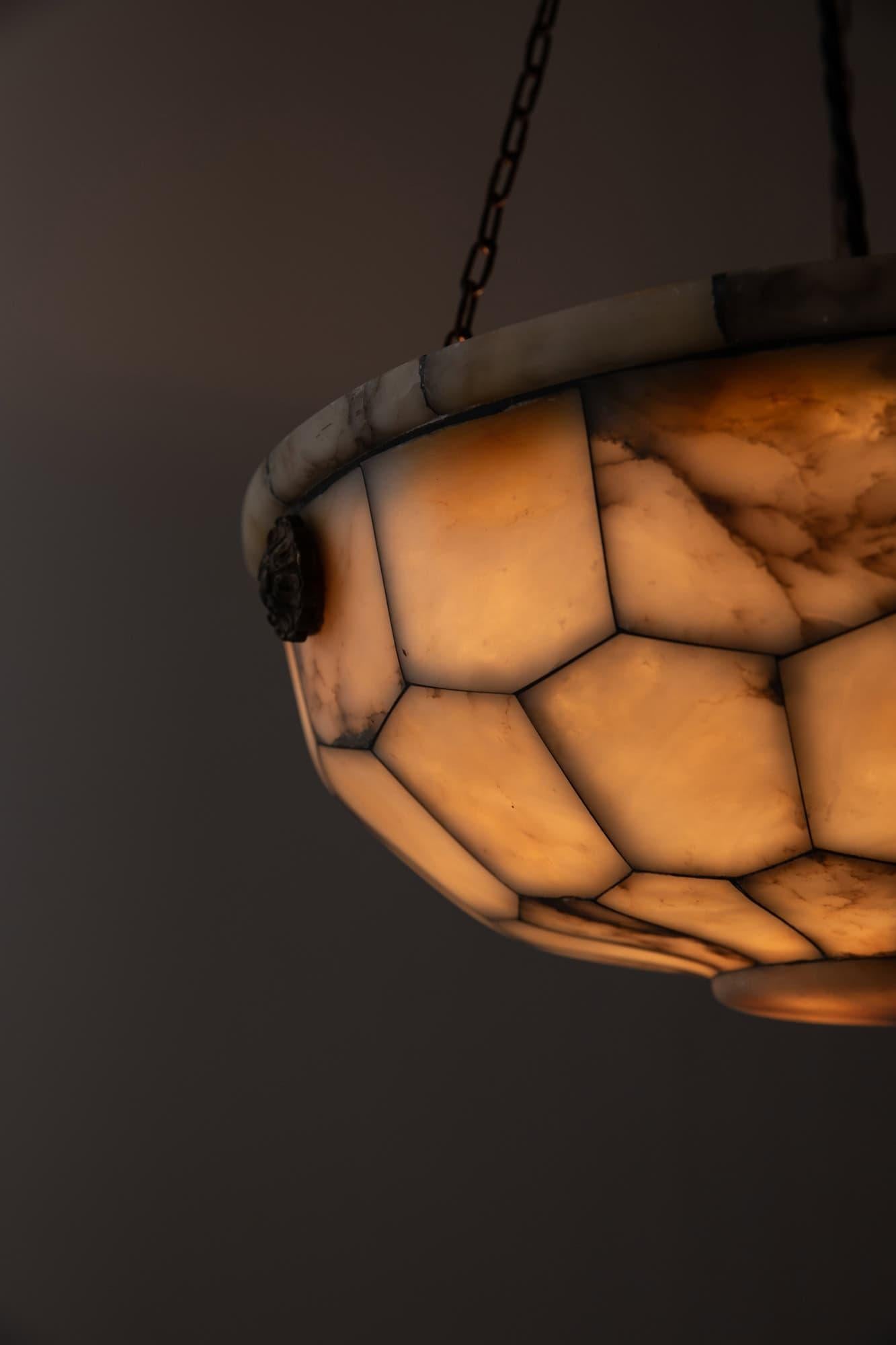 Brass Antique Hand Crafted Leaded Alabaster Plafonnier Ceiling Light Pendant, C.1900