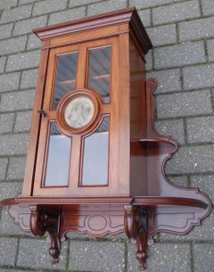 Antique Handcrafted Mahogany Wall Cabinet with Shelfs and Picture Frame in Door