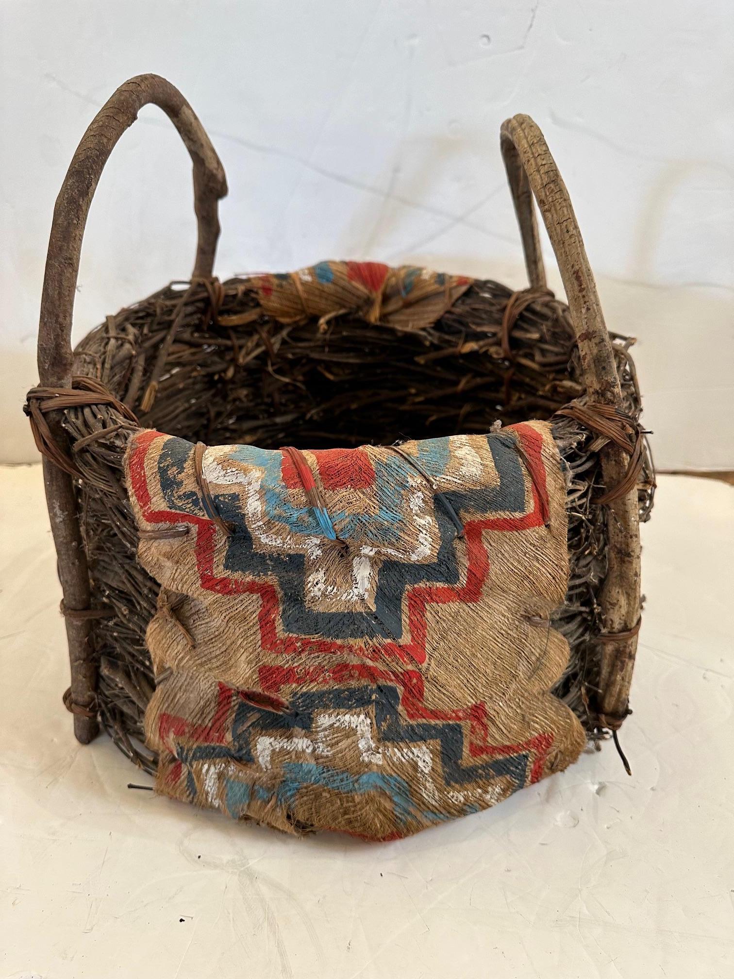 20th Century Antique Hand Crafted Native American Twig & Bark Basket For Sale