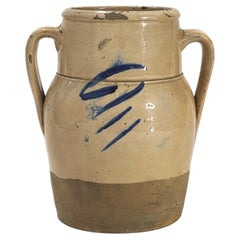 Antique Hand-Crafted Terracotta Jug, Cobalt Blue, Rustic Italy, 1880