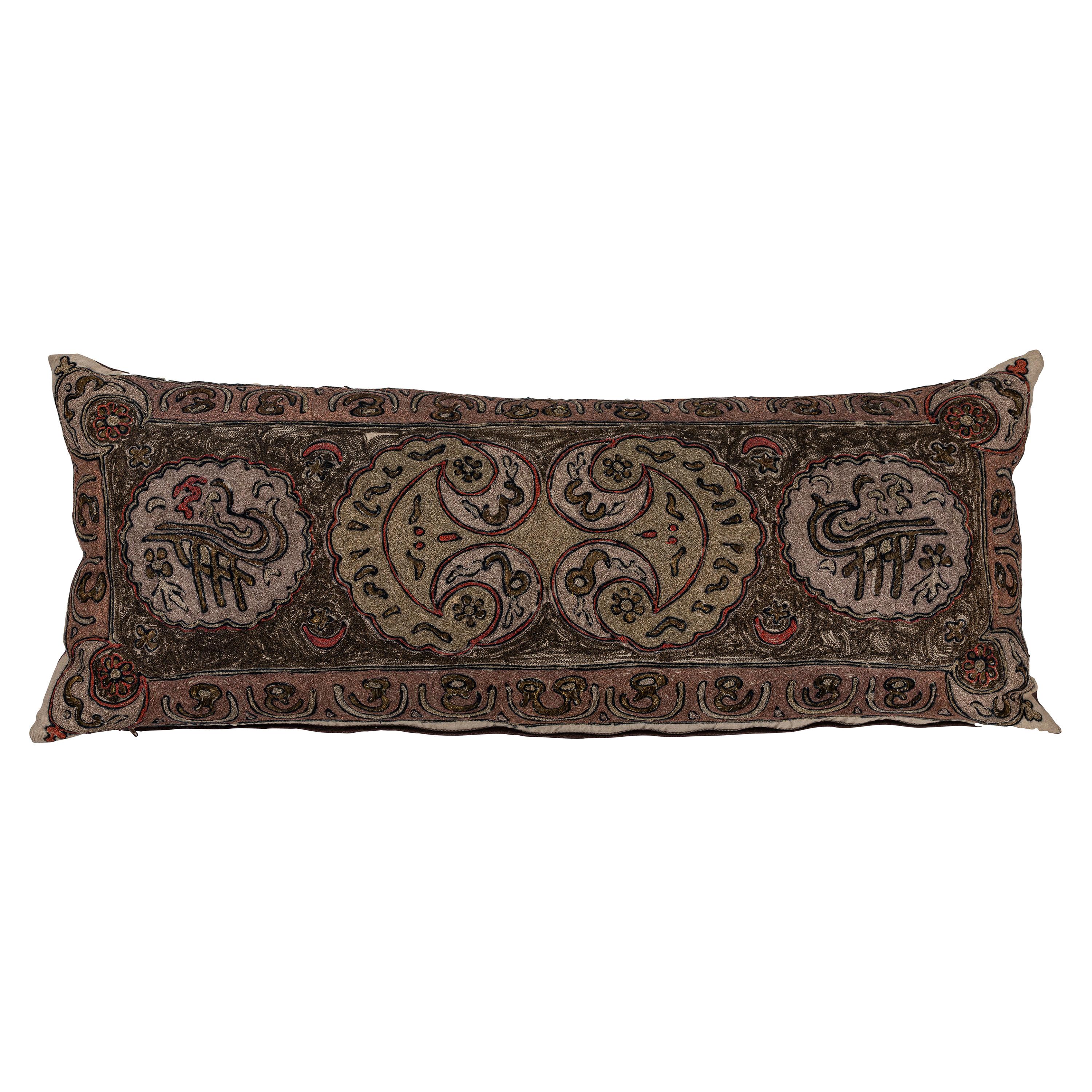 Antique Hand Crewel Stitched Linen Panel Custom Made Pillow