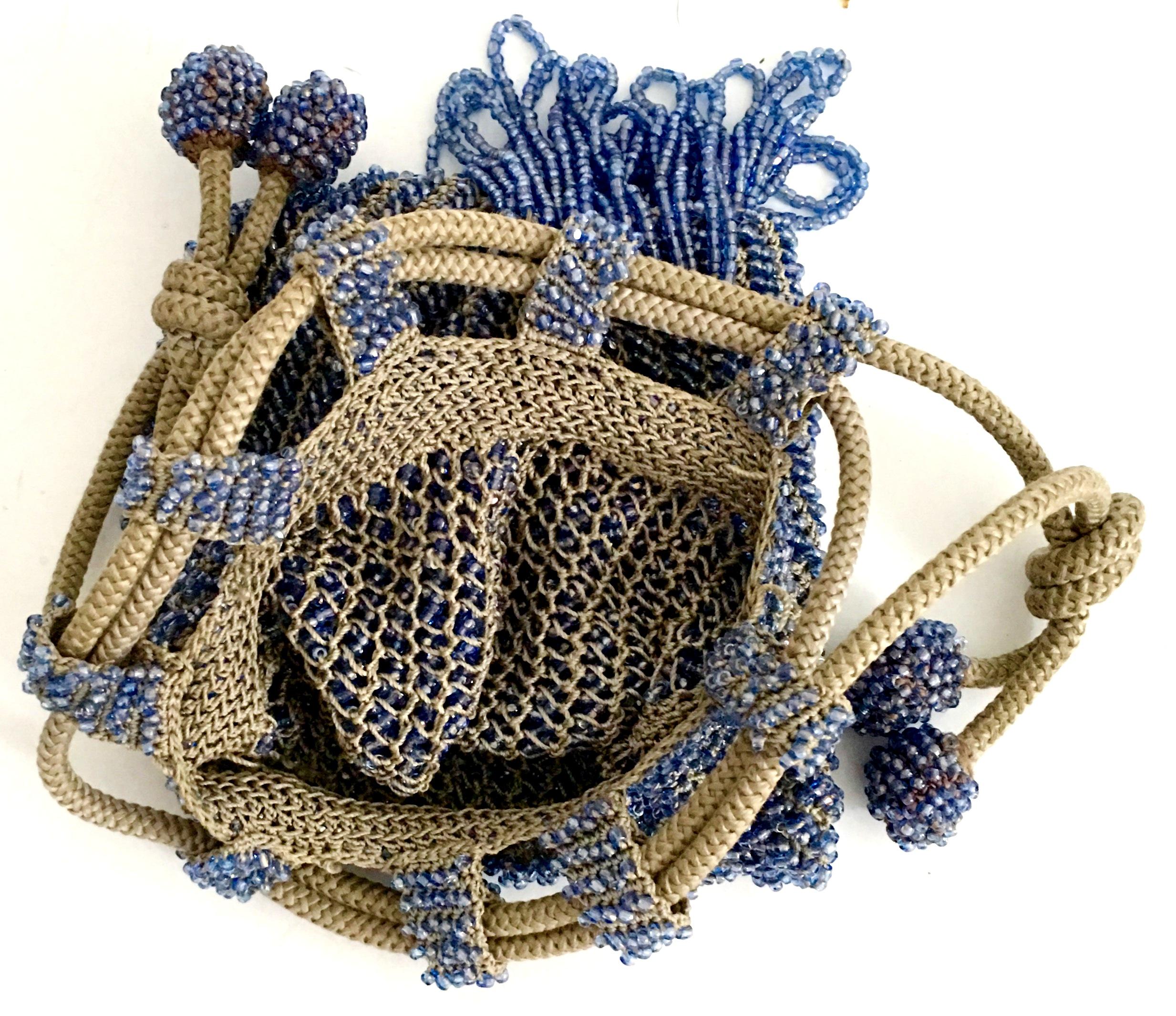 Antique Hand Cut Art Glass Bead Crochet Drawsting Evening Bag For Sale 7