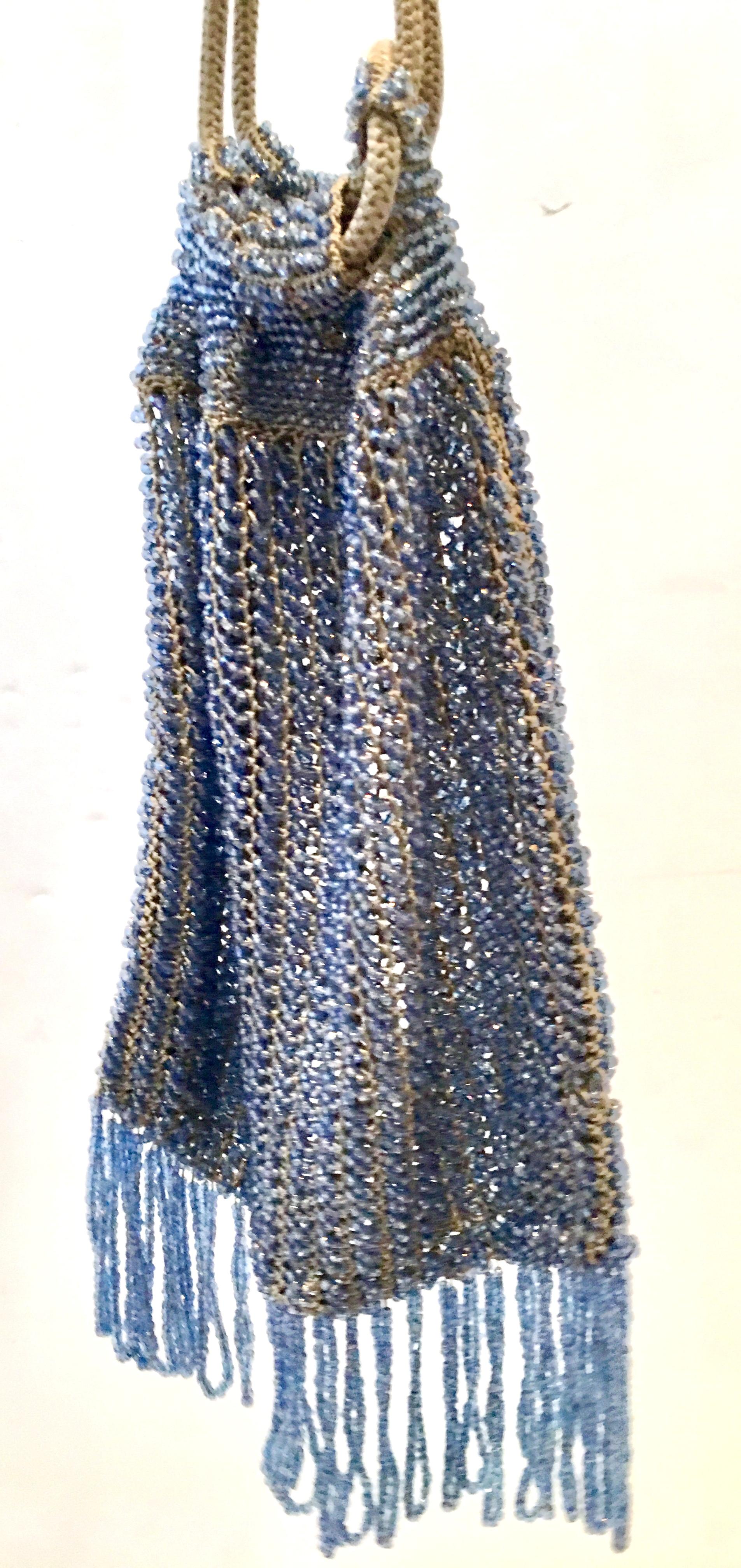 Gray Antique Hand Cut Art Glass Bead Crochet Drawsting Evening Bag For Sale