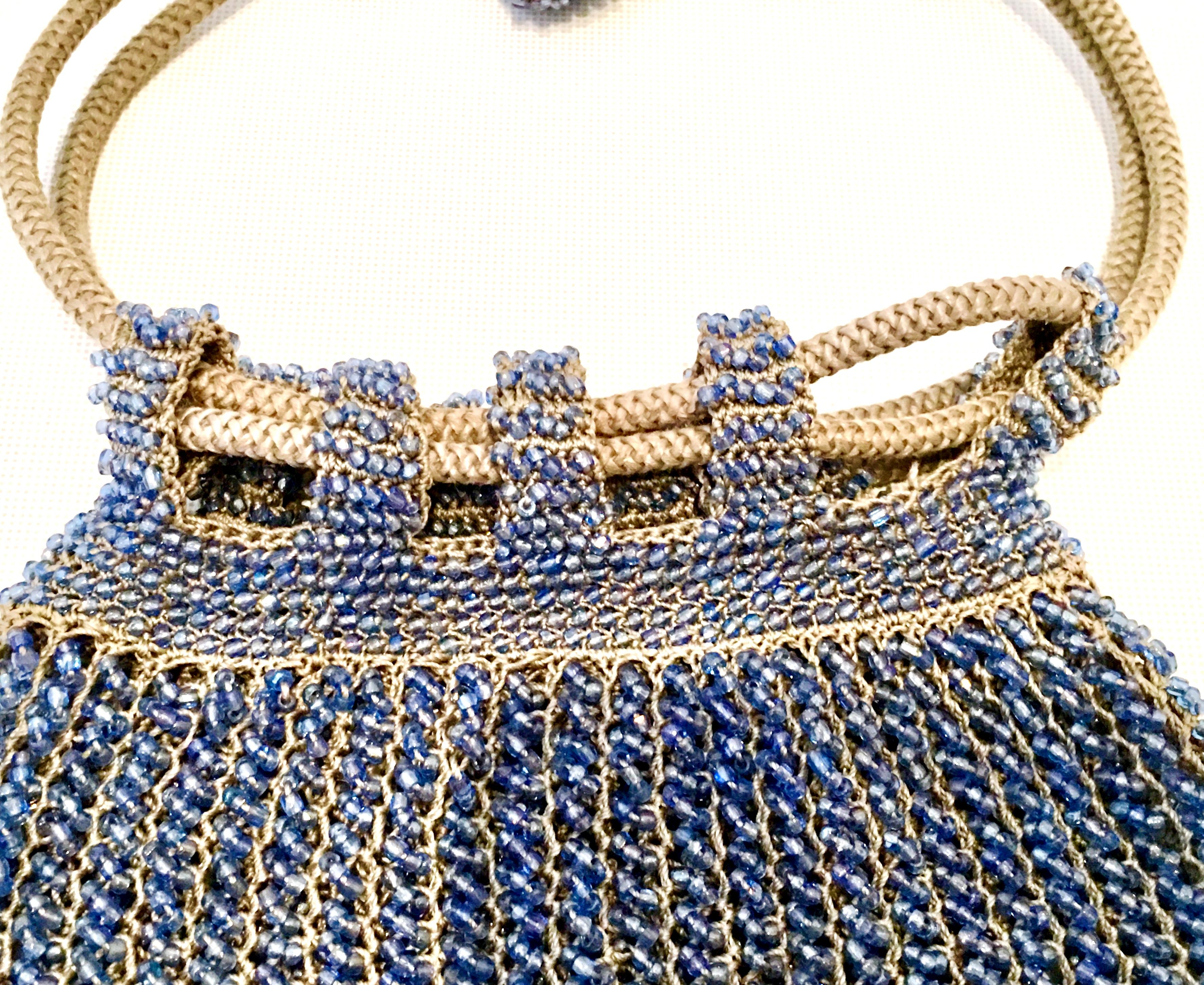 Gray Antique Hand Cut Art Glass Bead Crochet Drawsting Evening Bag