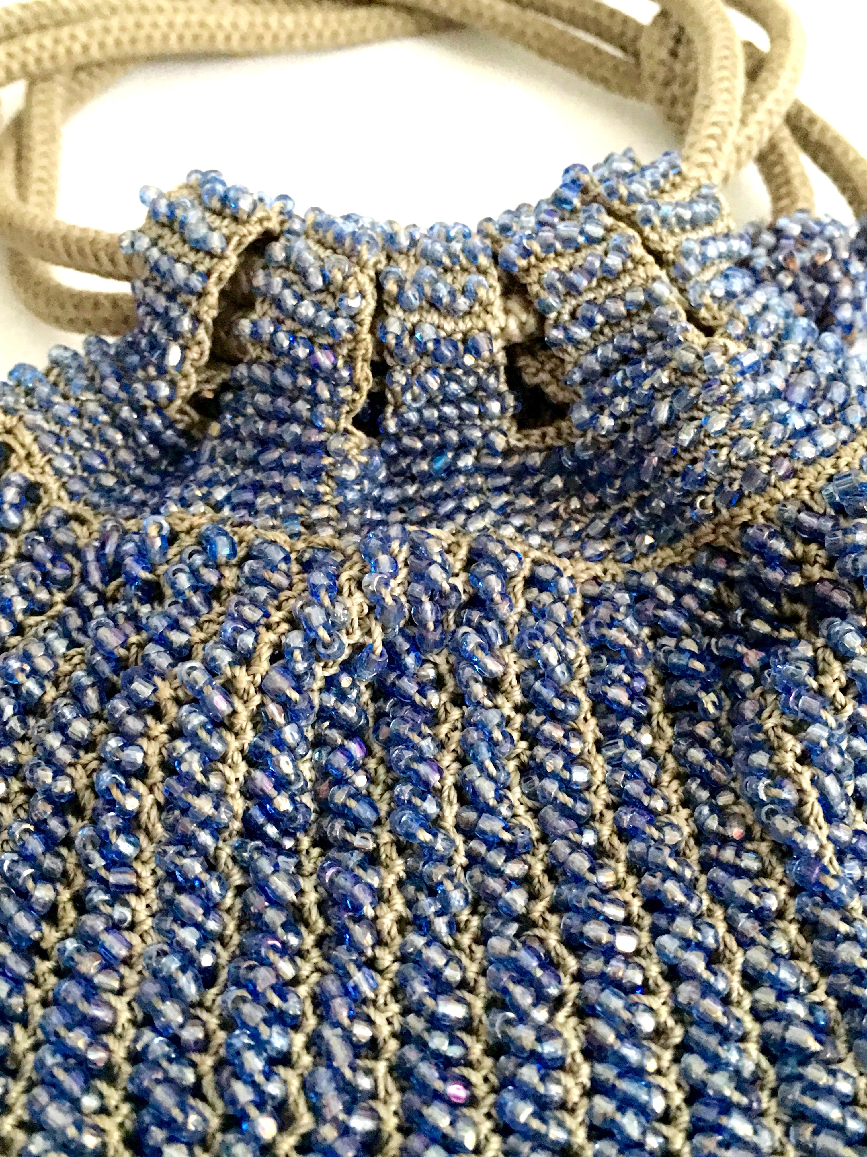 Women's or Men's Antique Hand Cut Art Glass Bead Crochet Drawsting Evening Bag For Sale