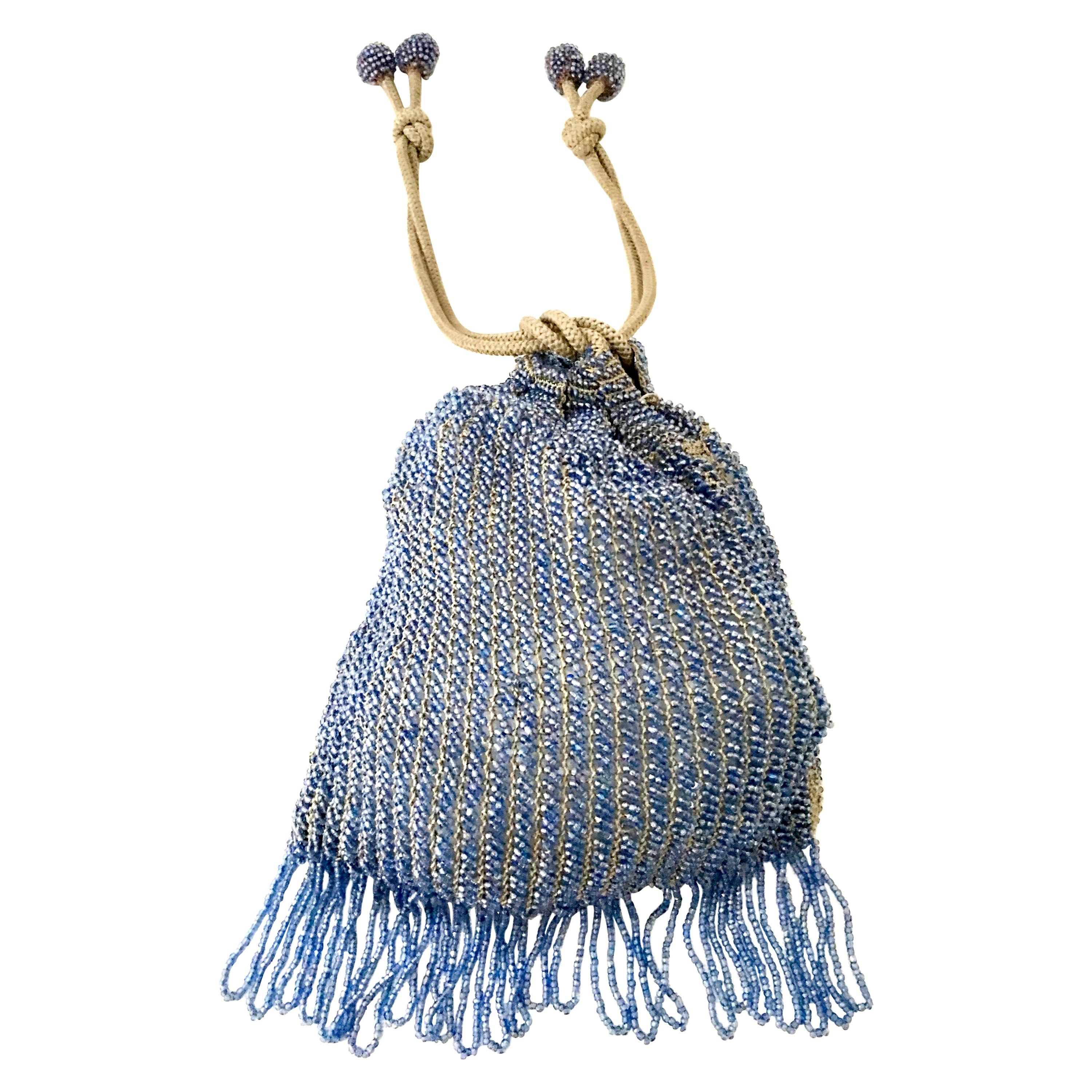 Antique Hand Cut Art Glass Bead Crochet Drawsting Evening Bag
