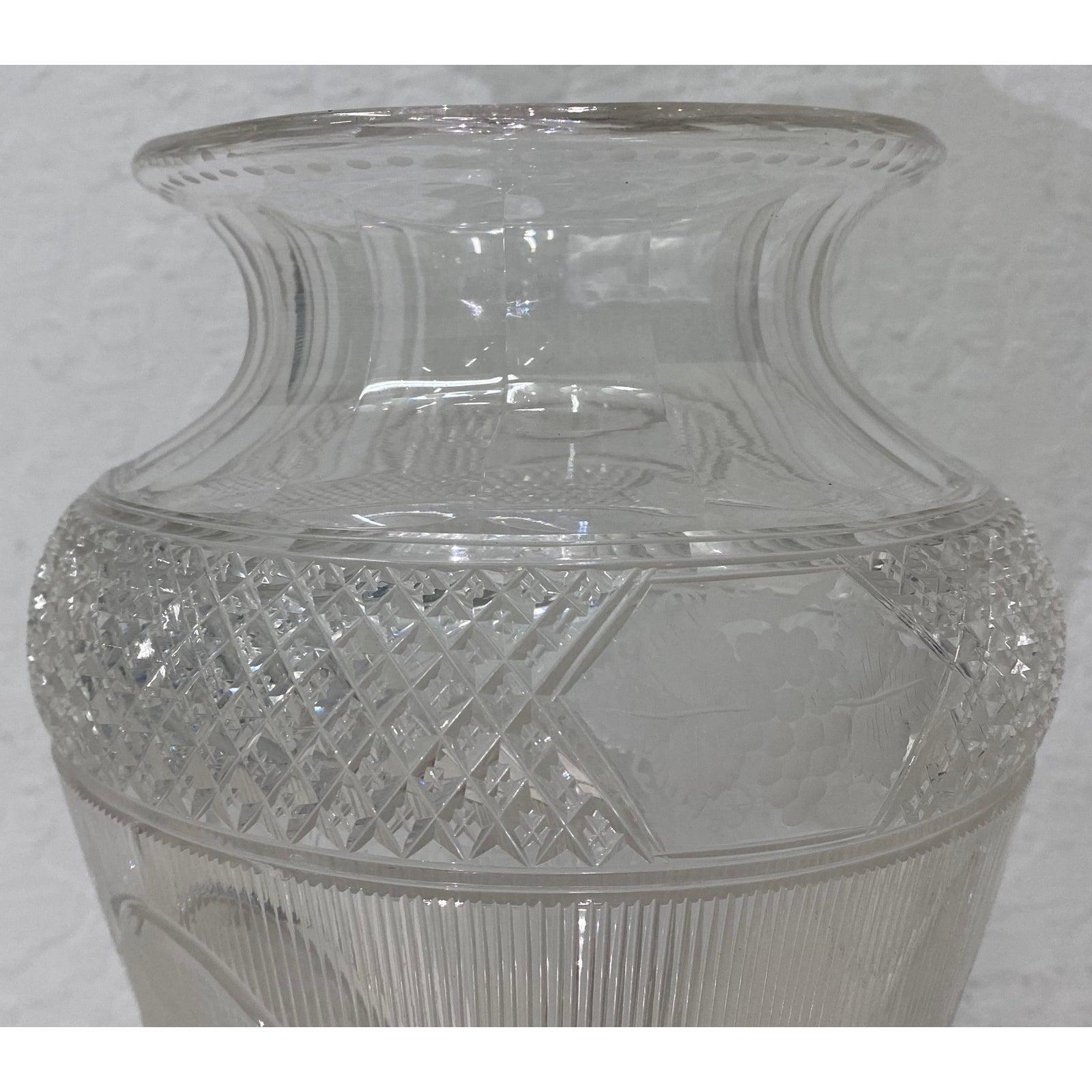 Hand-Carved Antique Handcut Crystal Vase with Floral and Grape Motif, circa 1920 For Sale