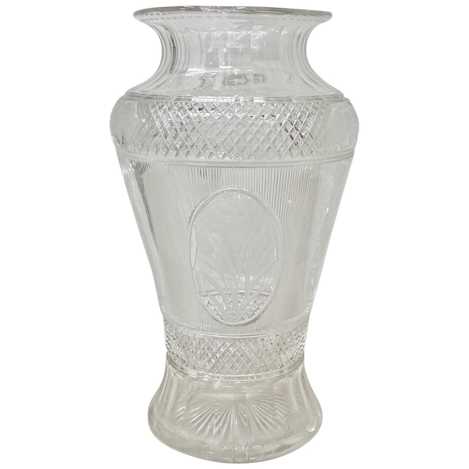 Antique Handcut Crystal Vase with Floral and Grape Motif, circa 1920 For Sale