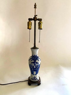 Antique Hand Decorated Chinese Vase Double Hung Lamp w/ Turned Wood Cap & Stand