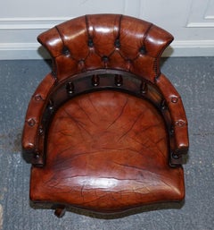 ANTIQUE HAND DYED BROWN LEATHER CHESTERFIELD CAPTAINS OFFICE SWIVEL ARMCHAiR