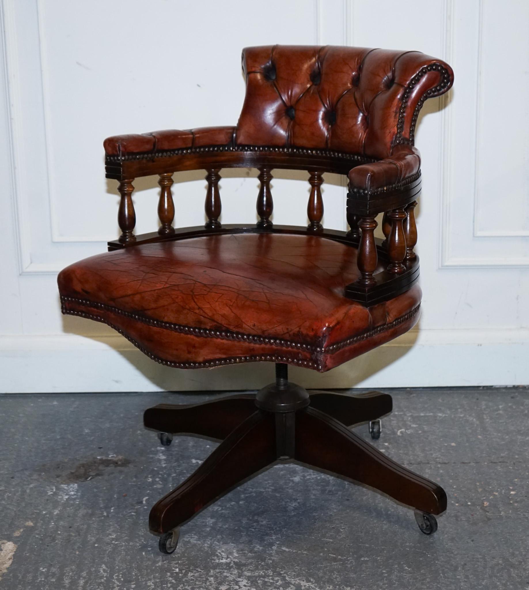 20th Century ANTIQUE HAND DYED BROWN LEATHER CHESTERFIELD CAPTAINS OFFICE SWIVEL ARMCHAiR For Sale