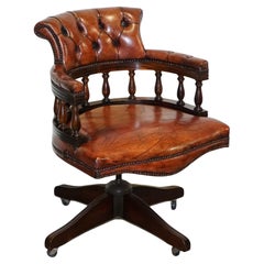 ANTIQUE HANDDYED BROWN LEATHER CHESTERFIELD CAPTAINS OFFICE SWIVEL ARMCHAiR