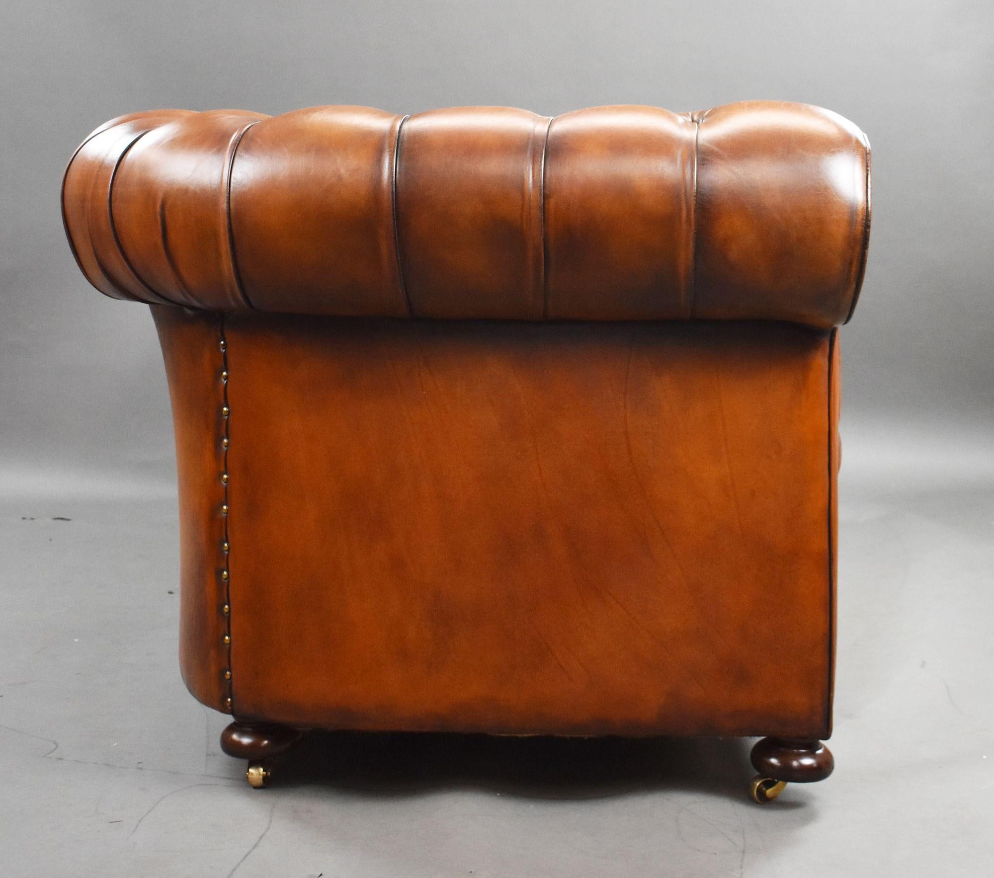 For sale is a top quality antique hand dyed leather chesterfield sofa, having a deep buttoned back and seat, and a buttoned front, with nice scroll arms, raised on bun feet with castors, this sofa is in excellent condition.
Width: 218cm Depth: 97cm