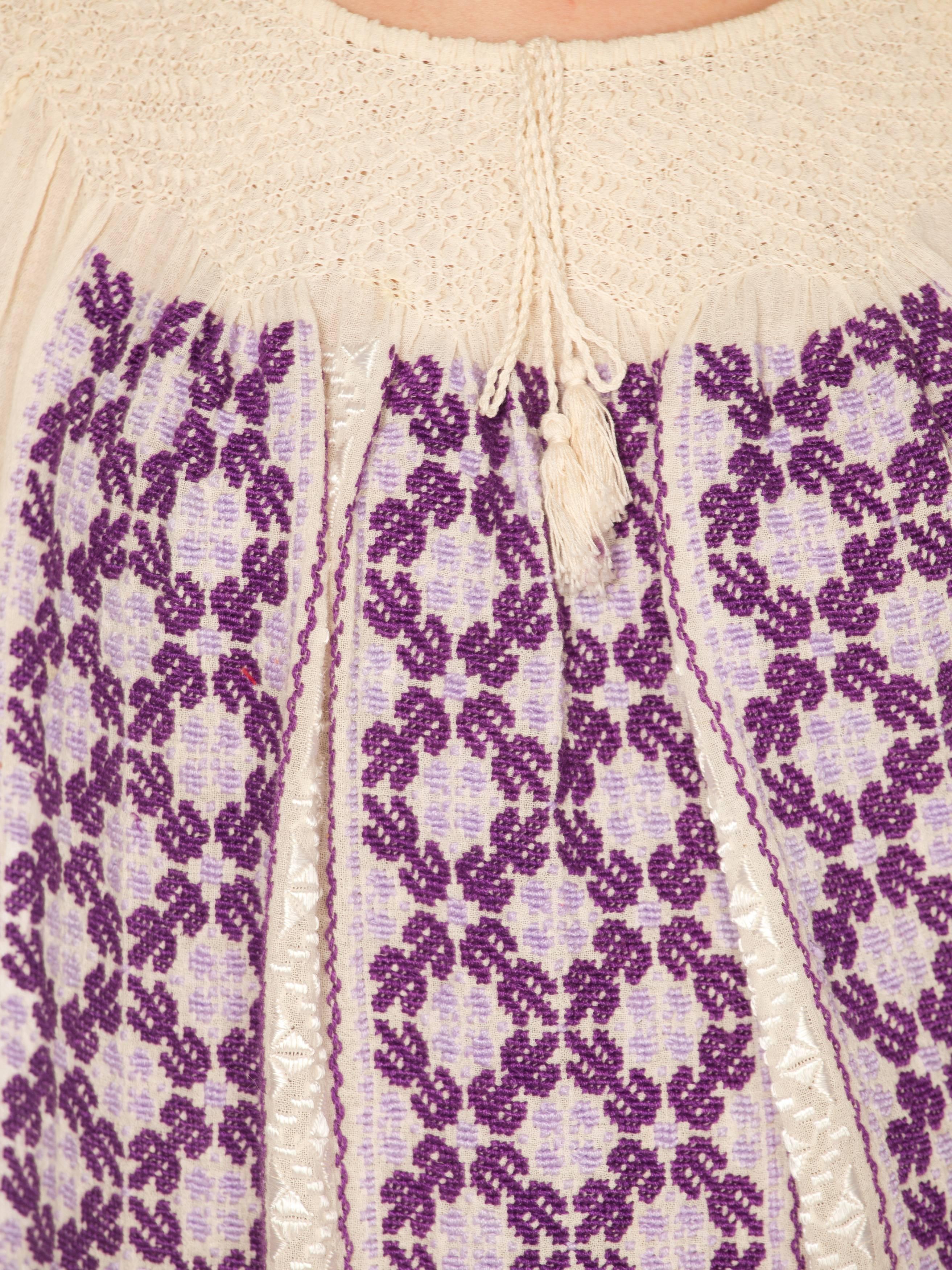 1940S Purple Hand Embroidered Cotton Gauze Romanian Boho Blouse 6