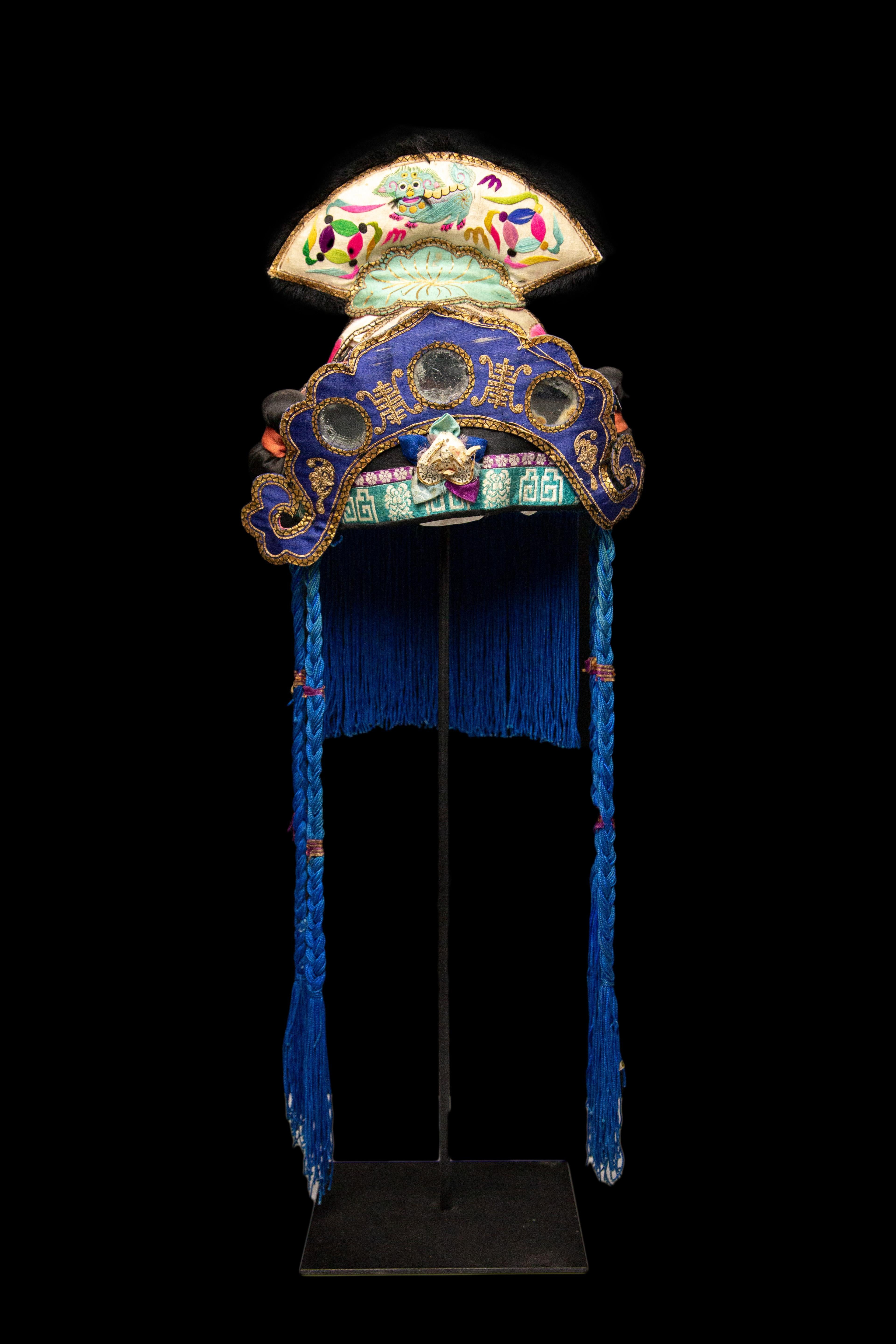 Antique Hand Embroidered Silk Miao Minority Tribe Child's Headdress In Good Condition In New York, NY