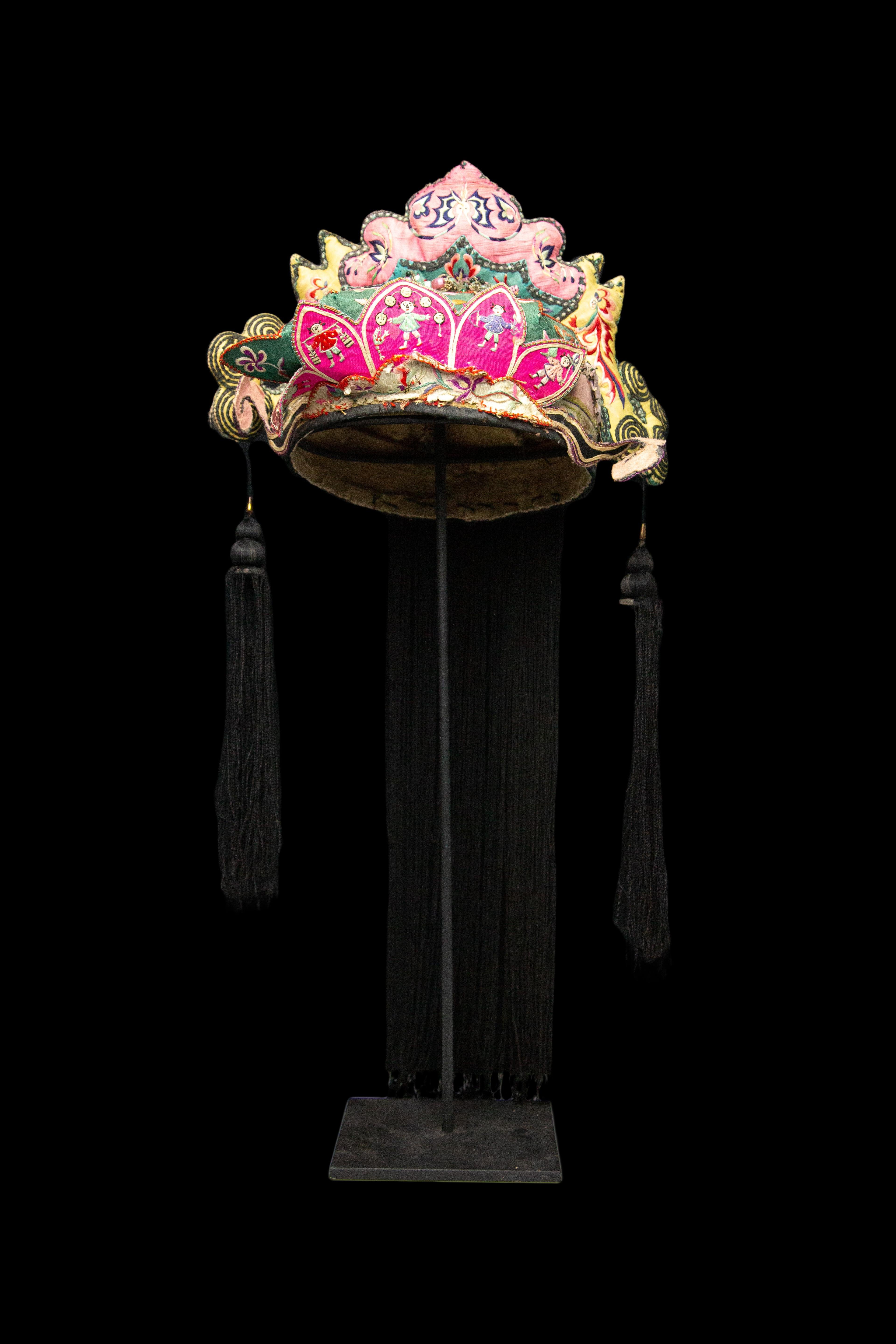Early 20th Century Antique Hand Embroidered Silk Miao Minority Tribe Child's Headdress For Sale
