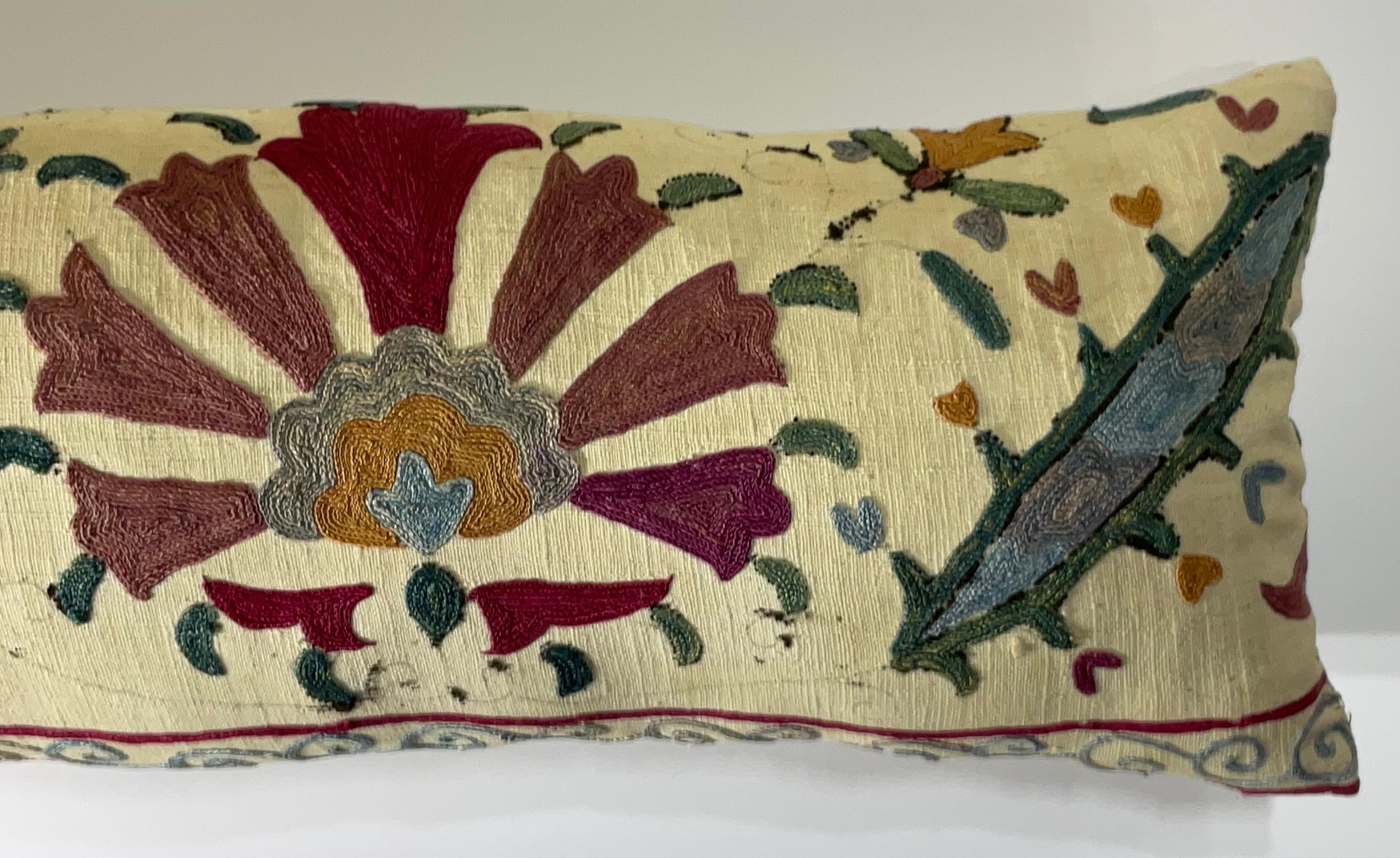 Uzbek Antique Hand-Embroidered Suzani Pillow - A Piece of Art For Sale