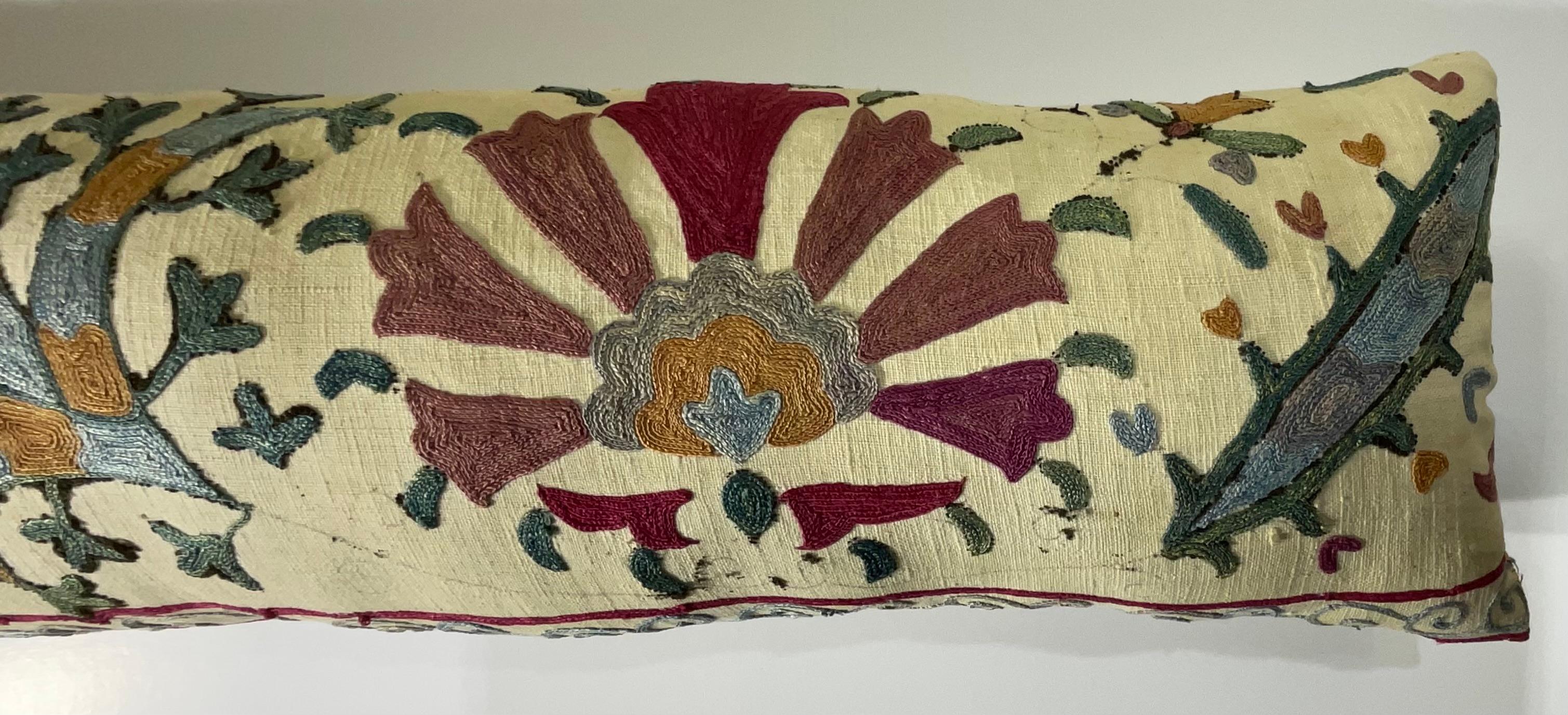 Cotton Antique Hand-Embroidered Suzani Pillow - A Piece of Art For Sale