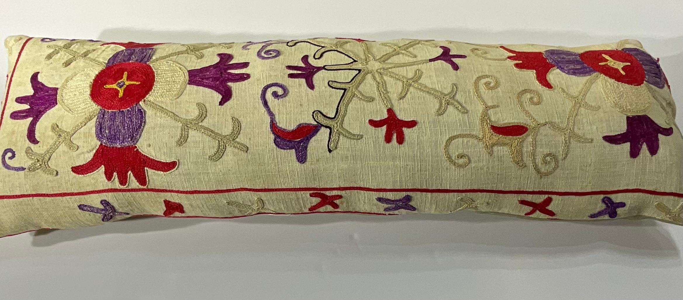 Cotton Antique Hand-Embroidered Suzani Pillow - A Piece of Art For Sale