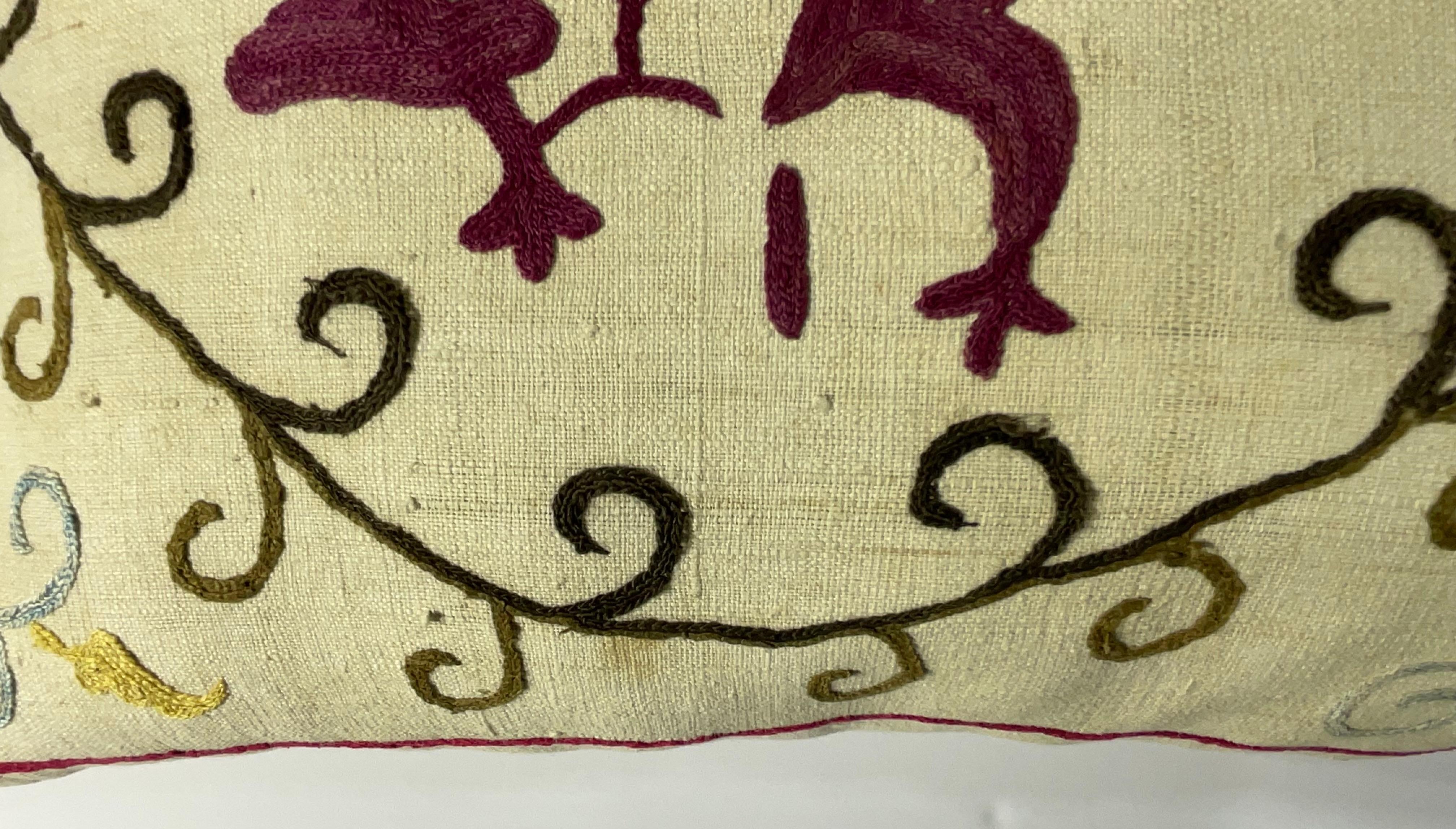 Cotton Antique Hand-Embroidered Suzani Pillow - A Piece of Art For Sale