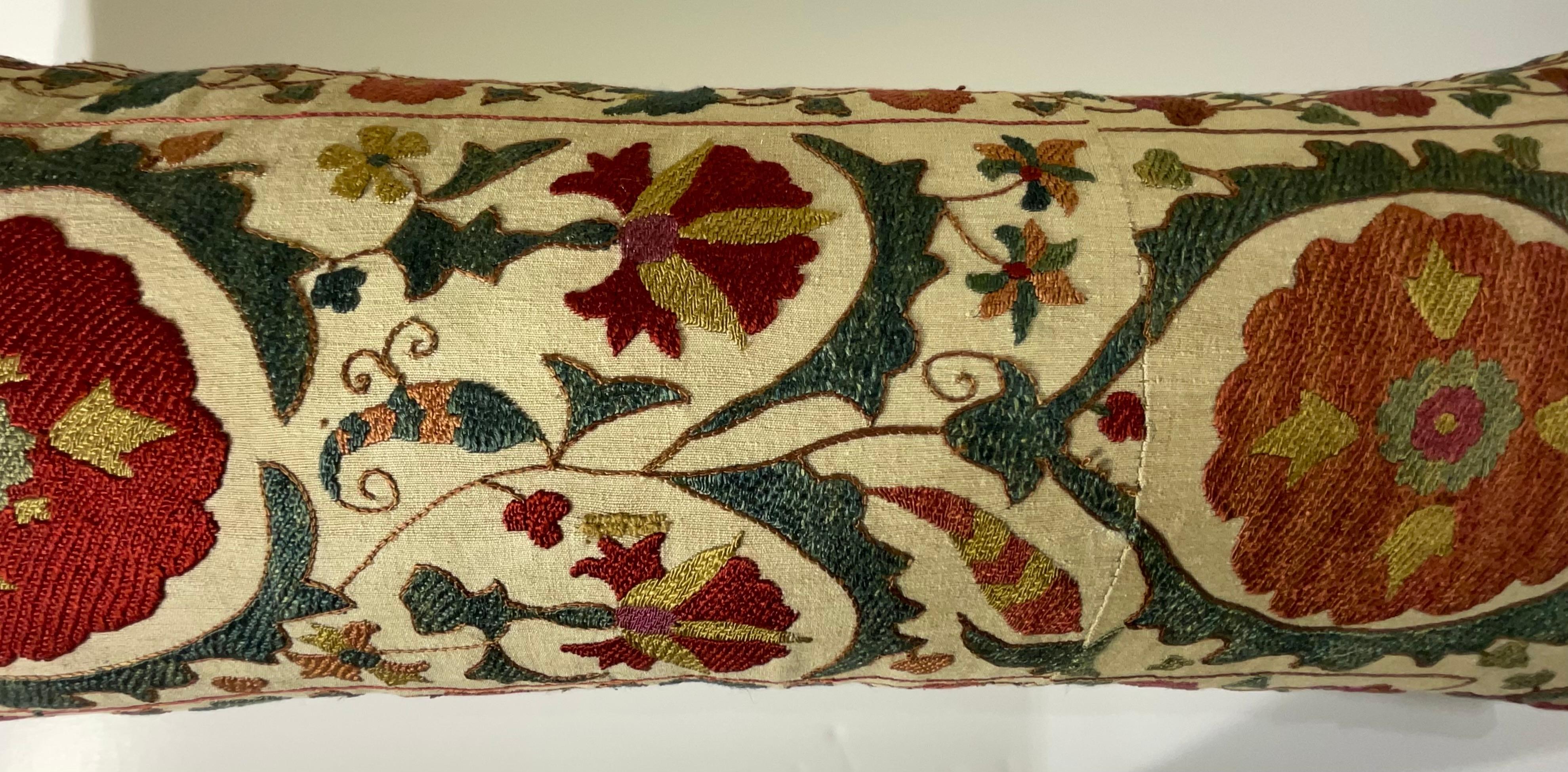 Cotton Antique Hand-Embroidered Suzani Pillow - A Piece of Art For Sale