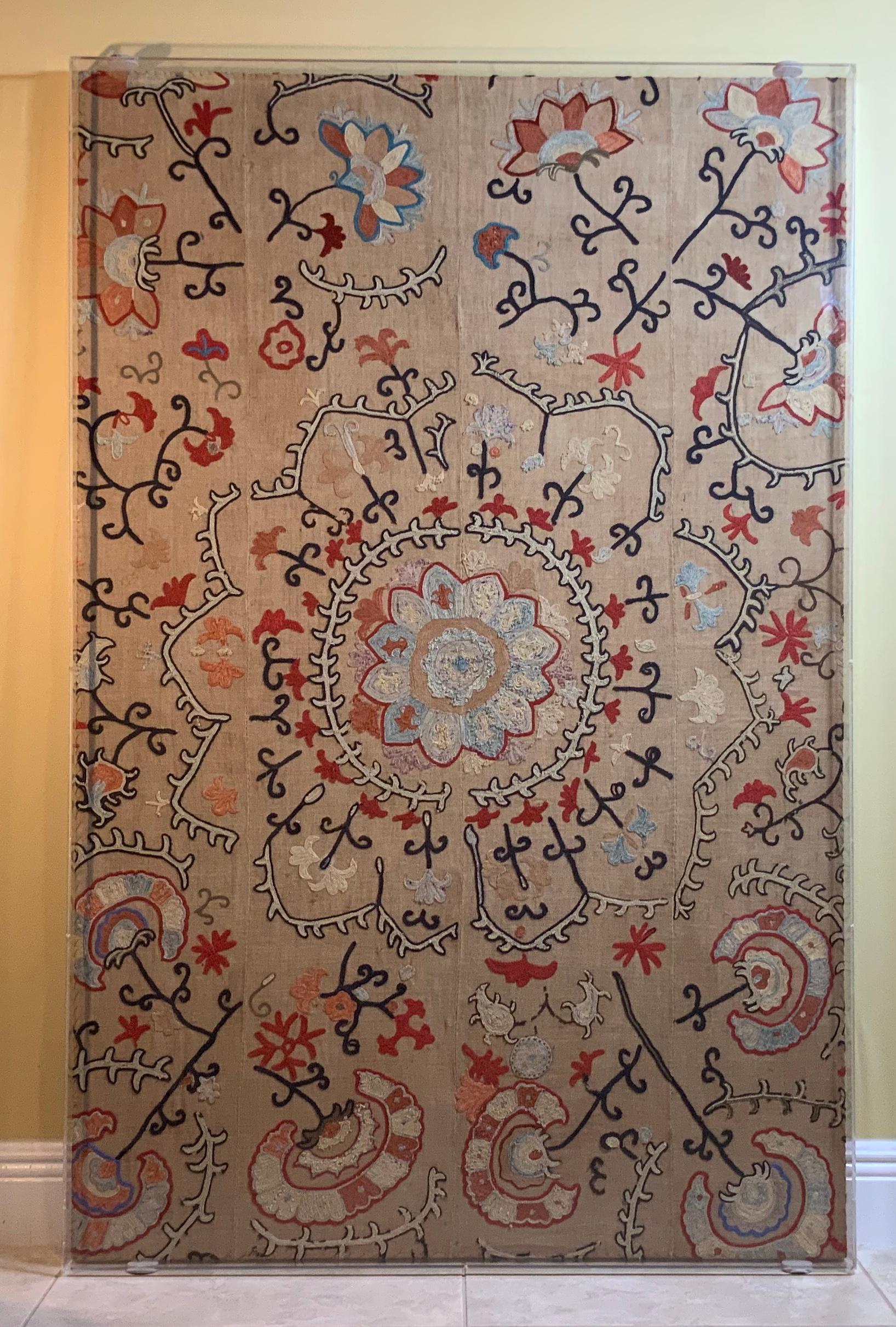 Beautiful antique Suzani textile embroidery made by nomadic tribe as a show the mastery of the art of Asian embroidery. Some oxidization duo to age see photo’s.
All professionally mount by sewing this textiles to linen backing and display them in a