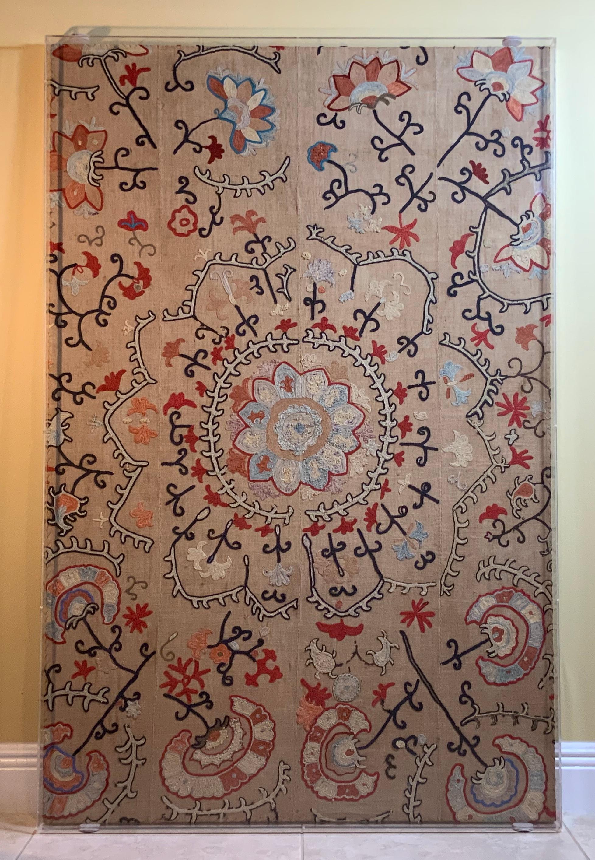Uzbek Antique Hand Embroidered Suzani Textile Wall Hanging in Lucite Shadow Box