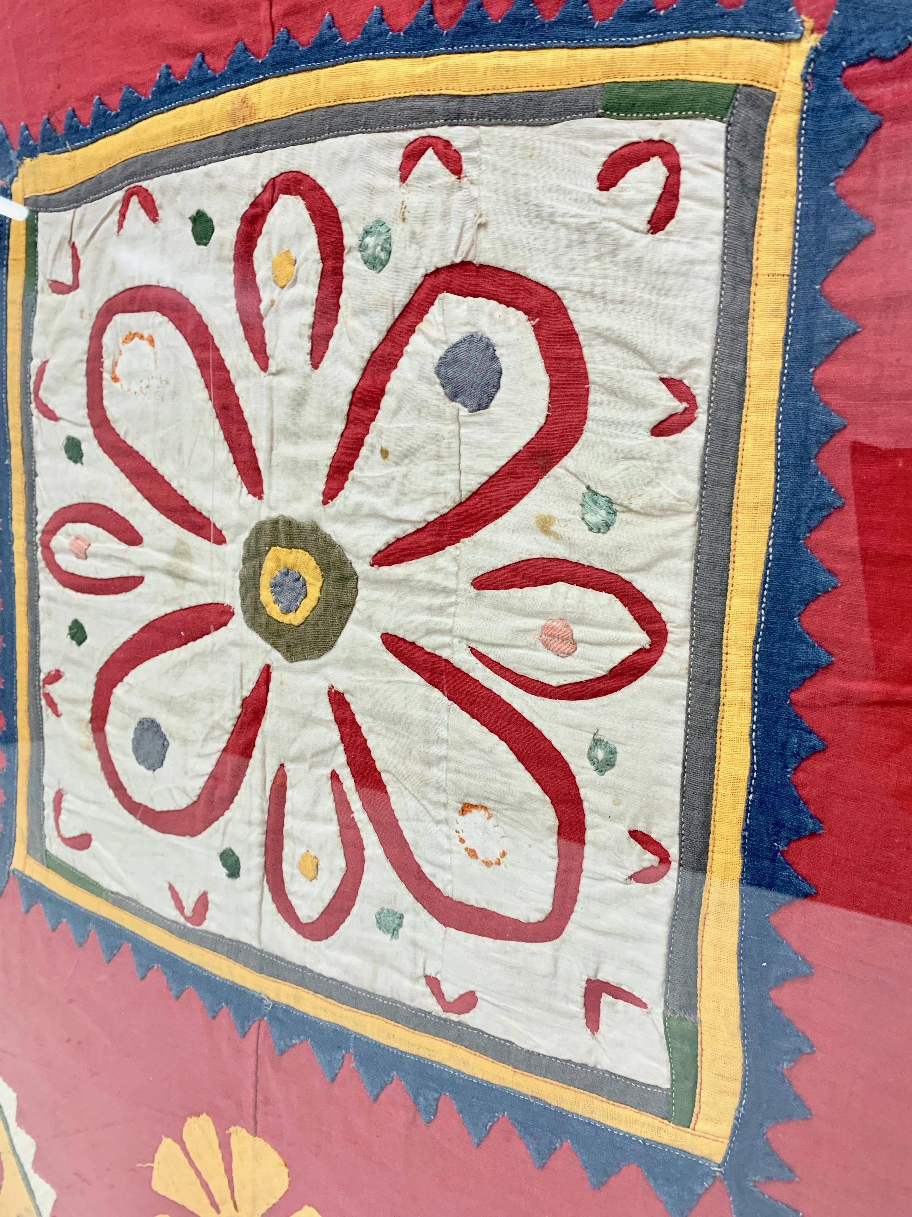 Antique hand embroidered textile from India Framed, hand embroidered with bright vivid colors and mirrored details, nature themes. Rajasthan Folk Art, these textiles were used for wedding lush seating cushions. You have to see close up details of