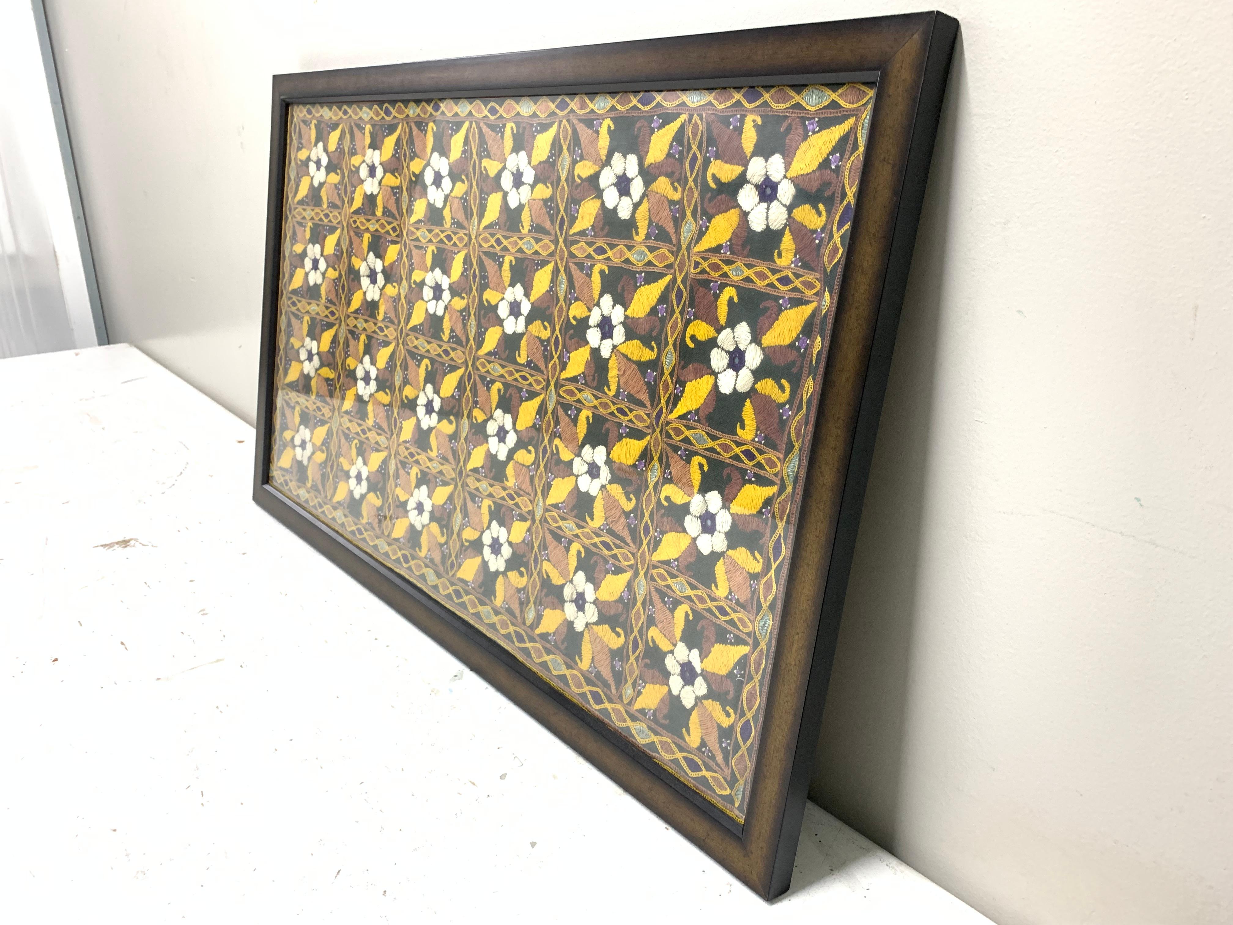 Indian Antique Hand Embroidered Textile from India Framed For Sale