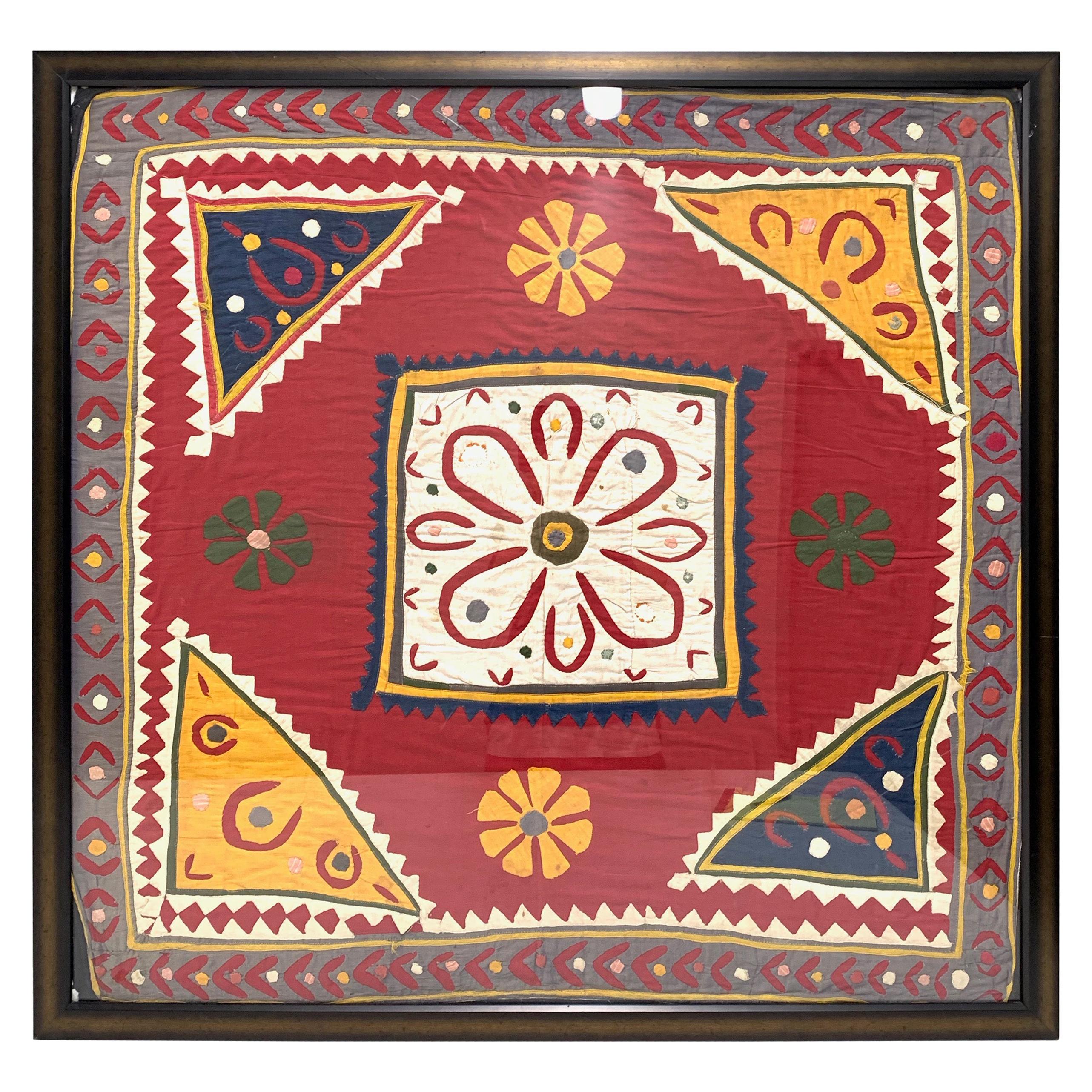 Antique Hand Embroidered Textile from India Framed For Sale