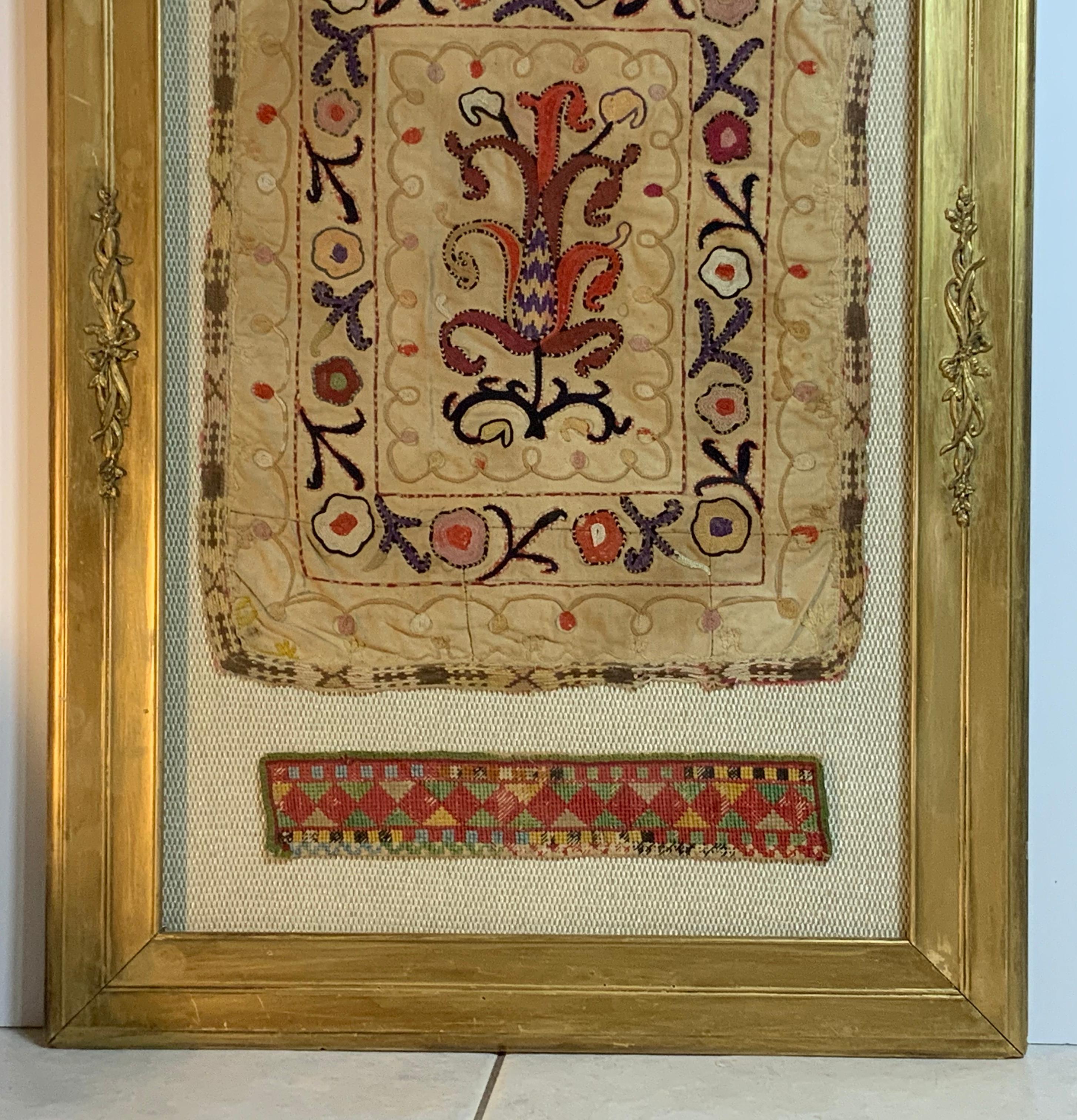 Antique Hand Embroidered Turkmen Suzani Sampler In Shadow Box For Sale 3