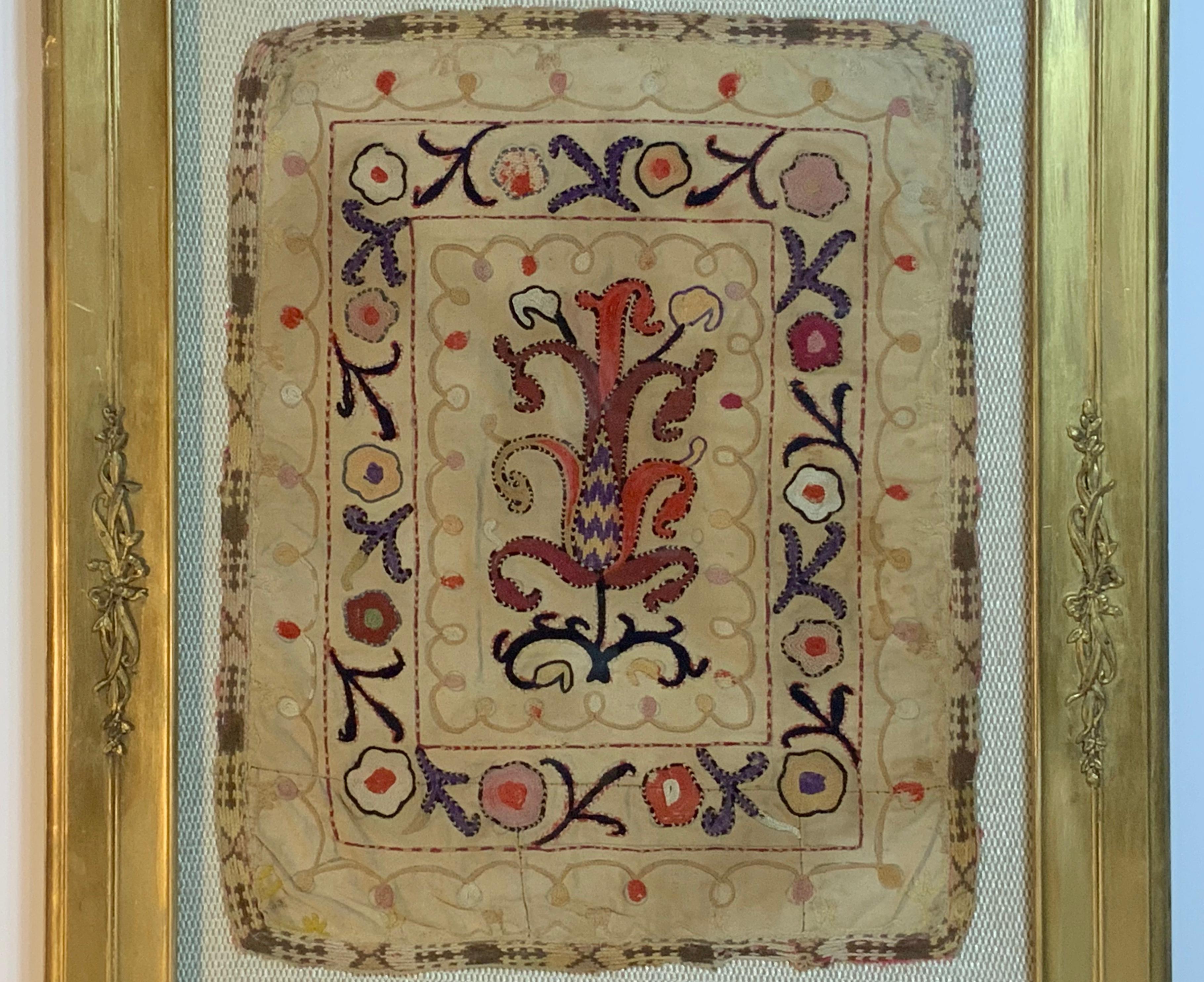 Caucasian Antique Hand Embroidered Turkmen Suzani Sampler In Shadow Box For Sale