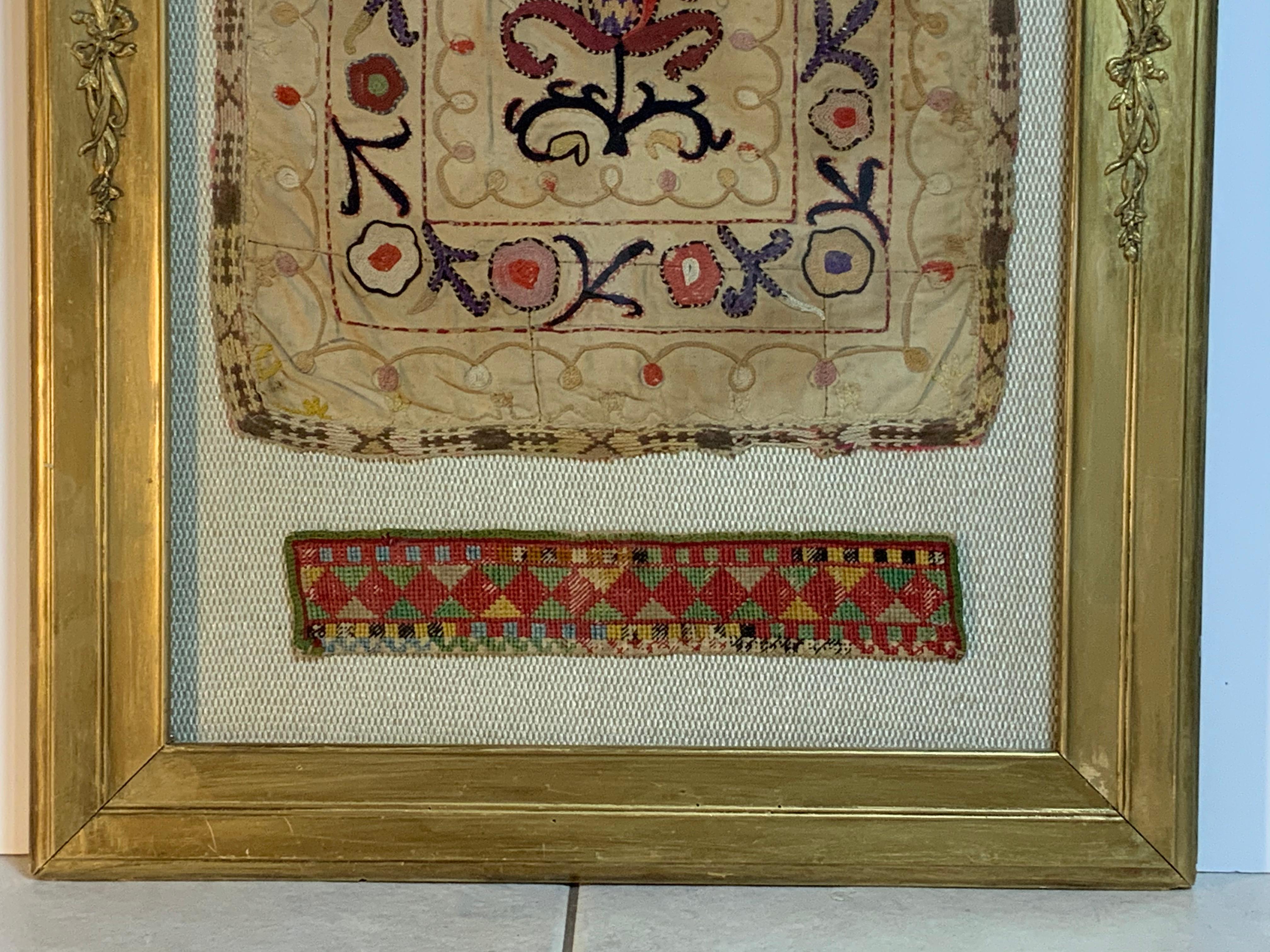 Antique Hand Embroidered Turkmen Suzani Sampler In Shadow Box In Good Condition For Sale In Delray Beach, FL