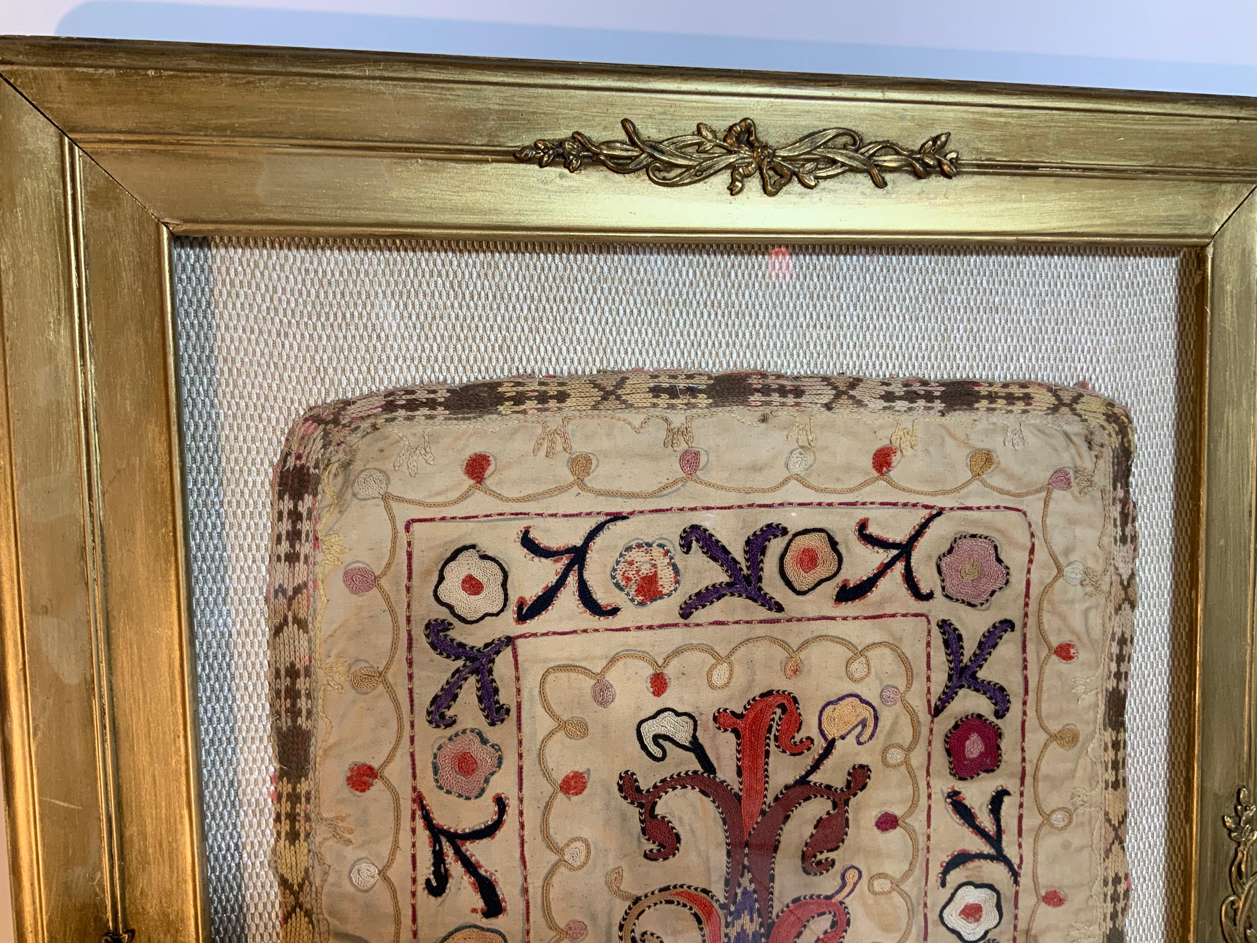 Cotton Antique Hand Embroidered Turkmen Suzani Sampler In Shadow Box For Sale