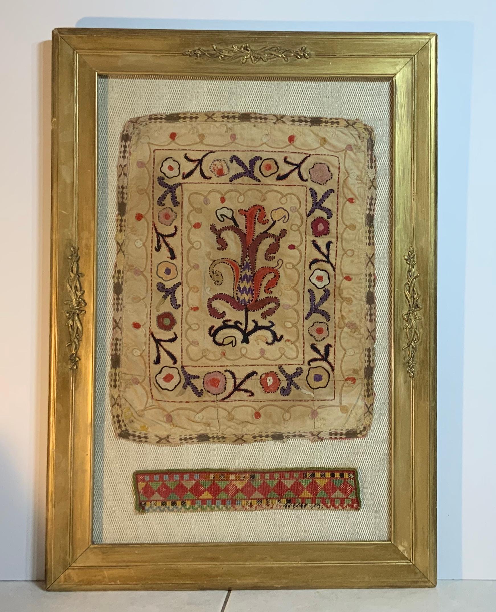 Antique Hand Embroidered Turkmen Suzani Sampler In Shadow Box For Sale 1