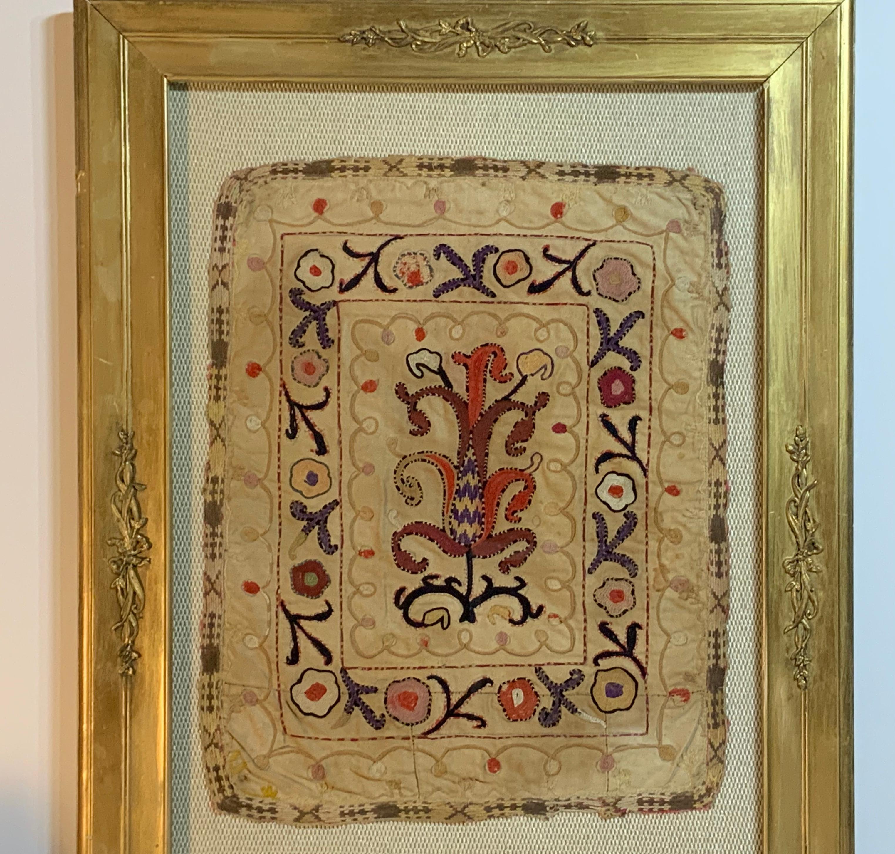 Antique Hand Embroidered Turkmen Suzani Sampler In Shadow Box For Sale 2