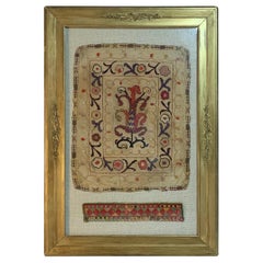 Antique Hand Embroidered Turkmen Suzani Sampler In Shadow Box