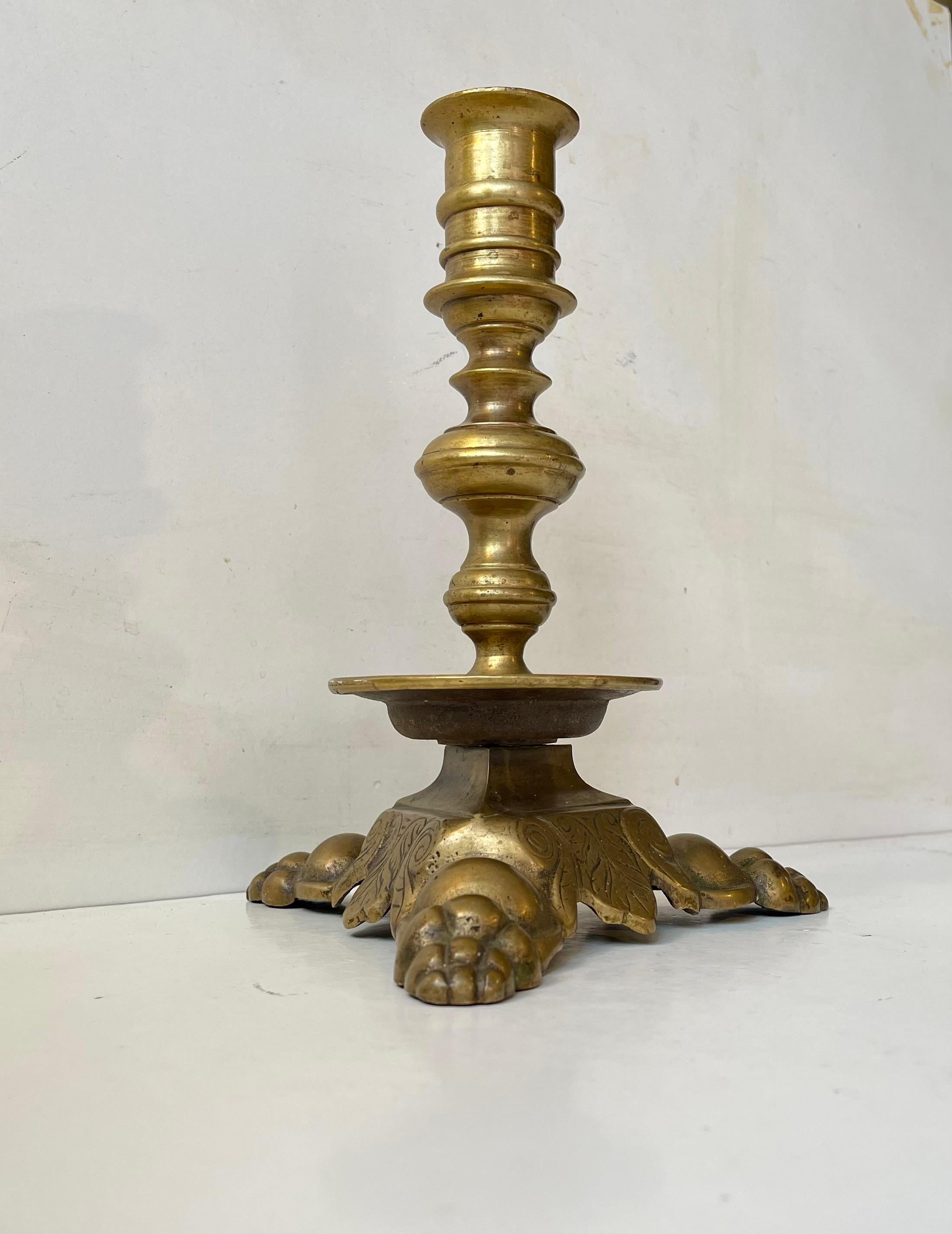 Scandinavian Antique Hand-engraved Brass Candleholder with Lions Feet For Sale