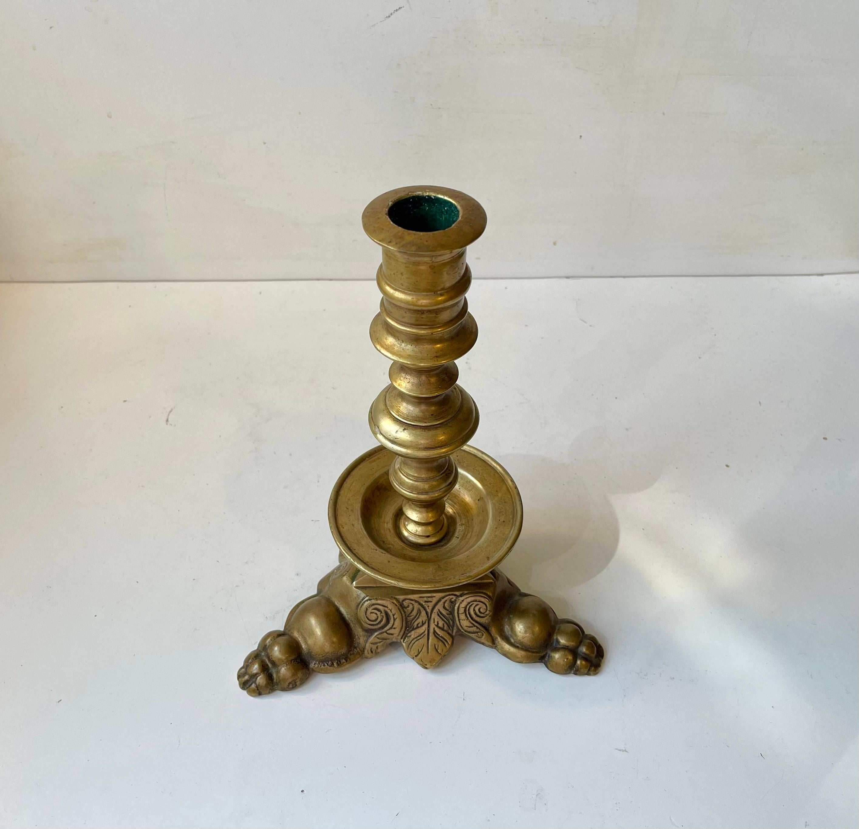 19th Century Antique Hand-engraved Brass Candleholder with Lions Feet For Sale