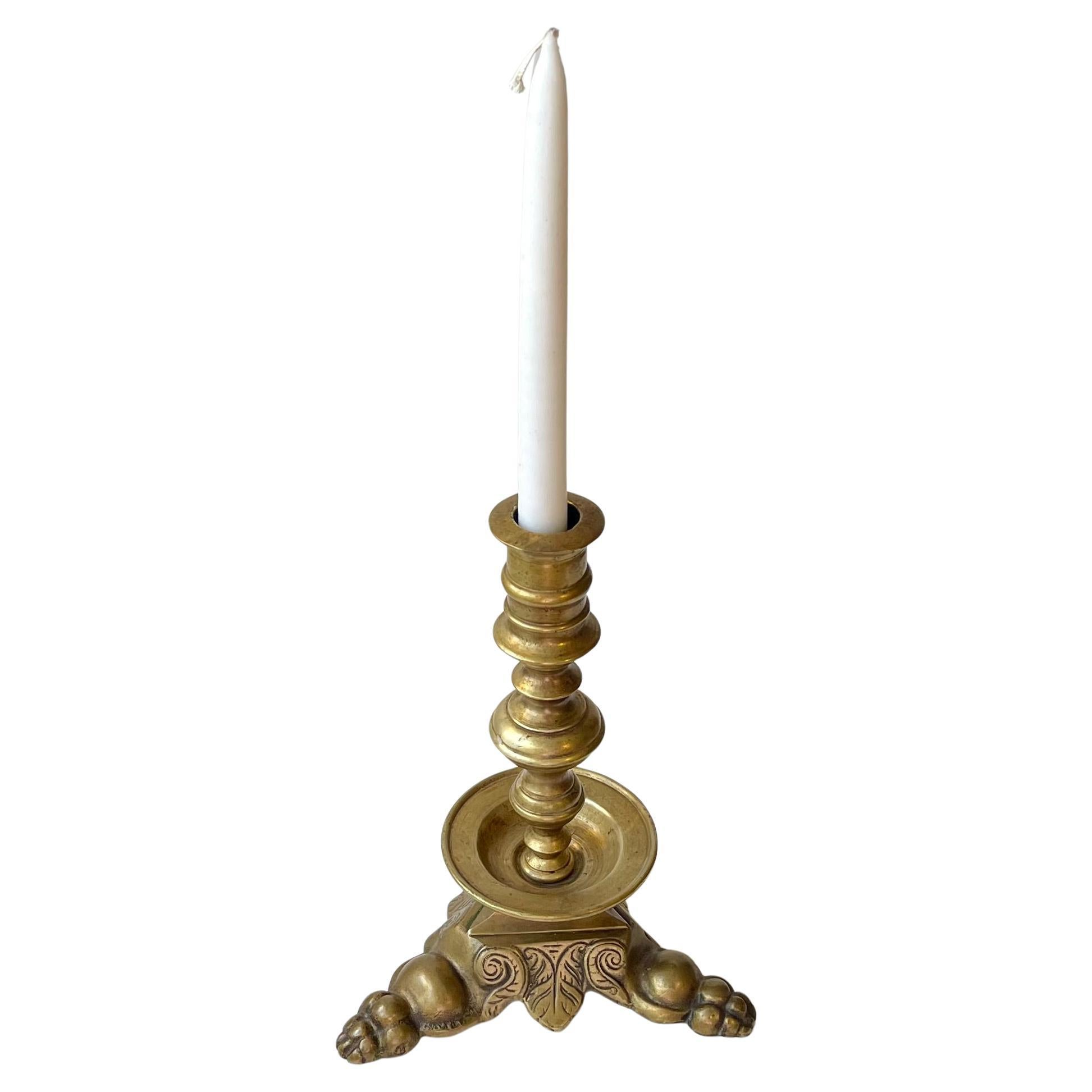 Antique Hand-engraved Brass Candleholder with Lions Feet For Sale