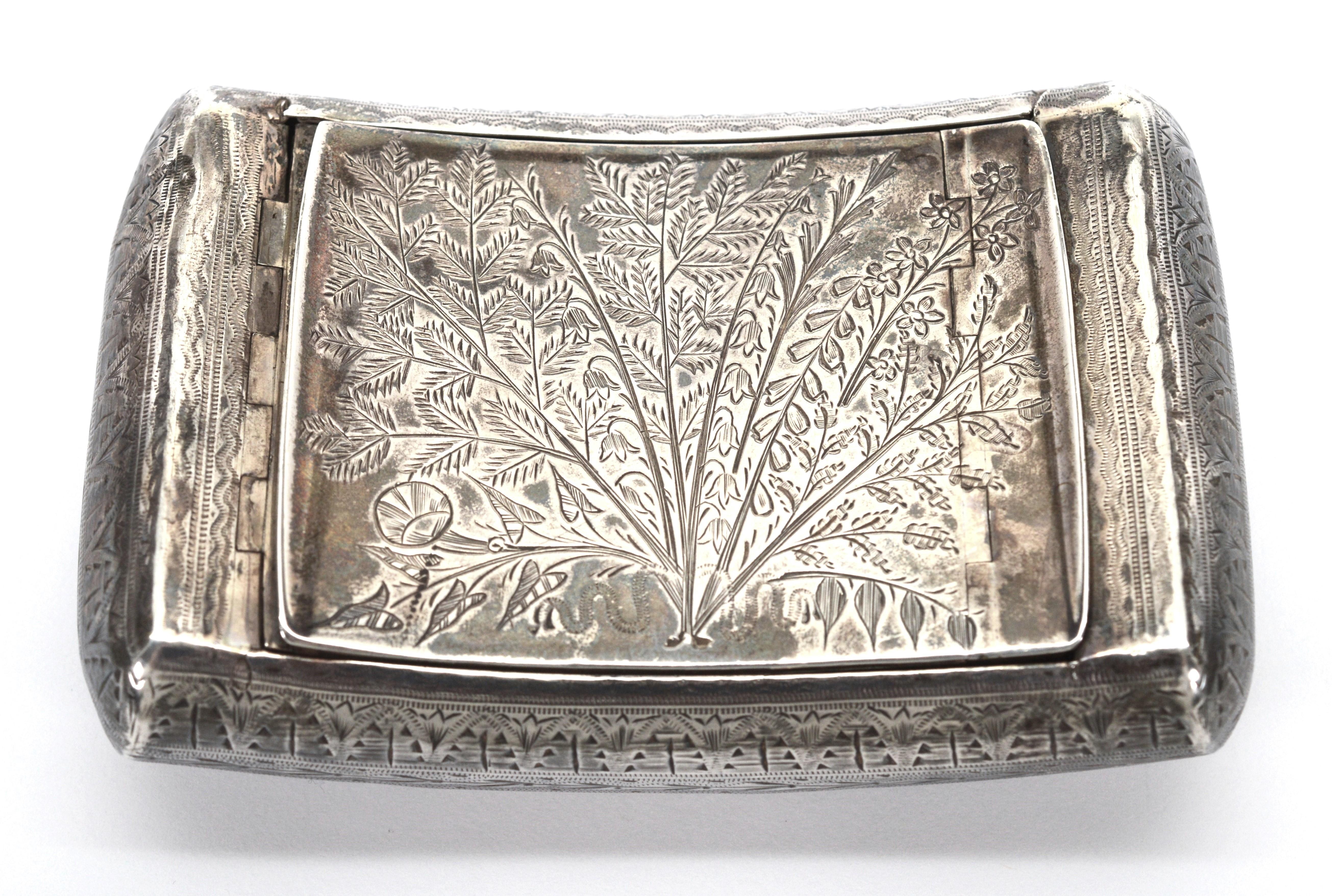 Antique Hand Engraved Sterling Silver Contoured Snuff Tobacco Box  In Excellent Condition For Sale In Mount Kisco, NY