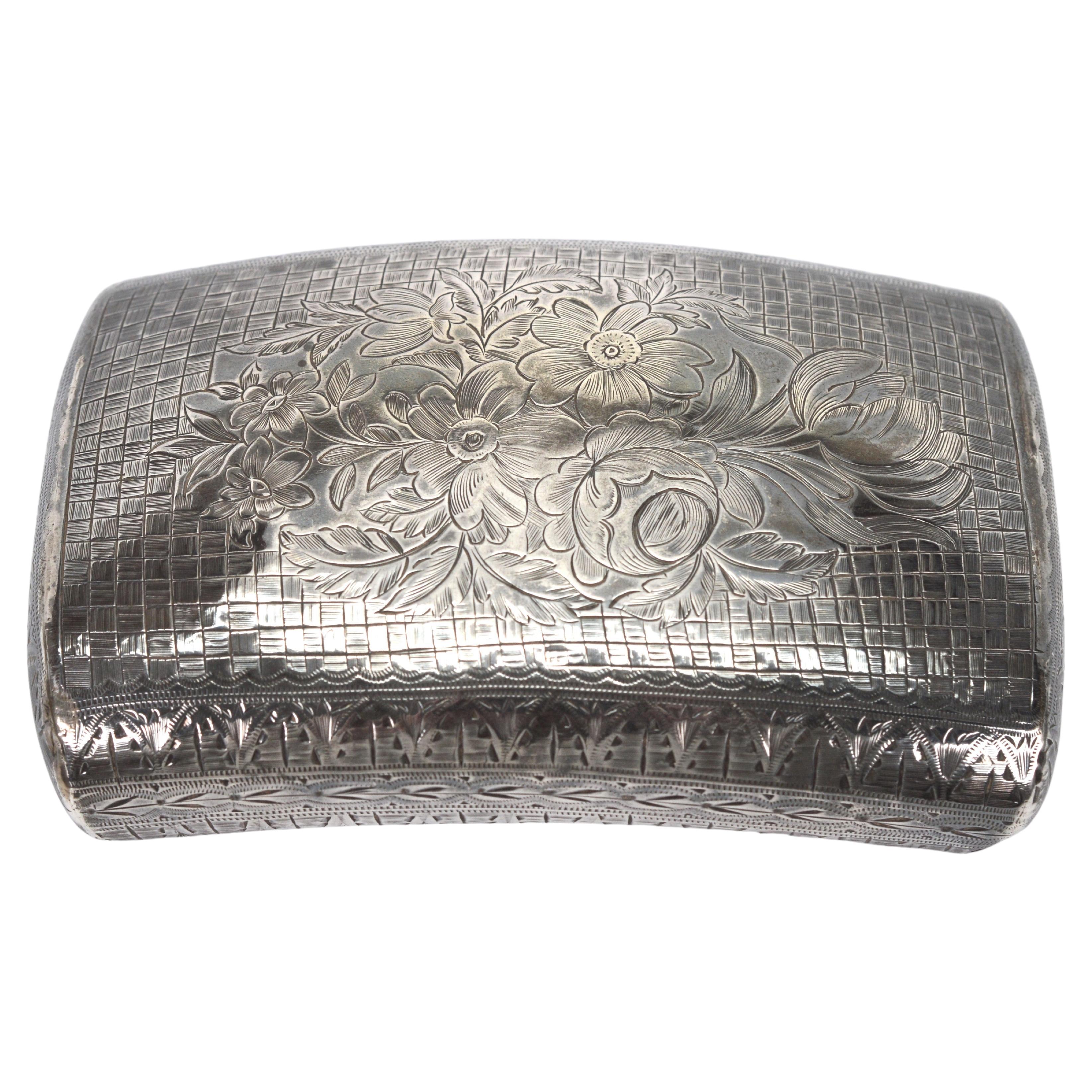 Antique Hand Engraved Sterling Silver Contoured Snuff Tobacco Box  For Sale