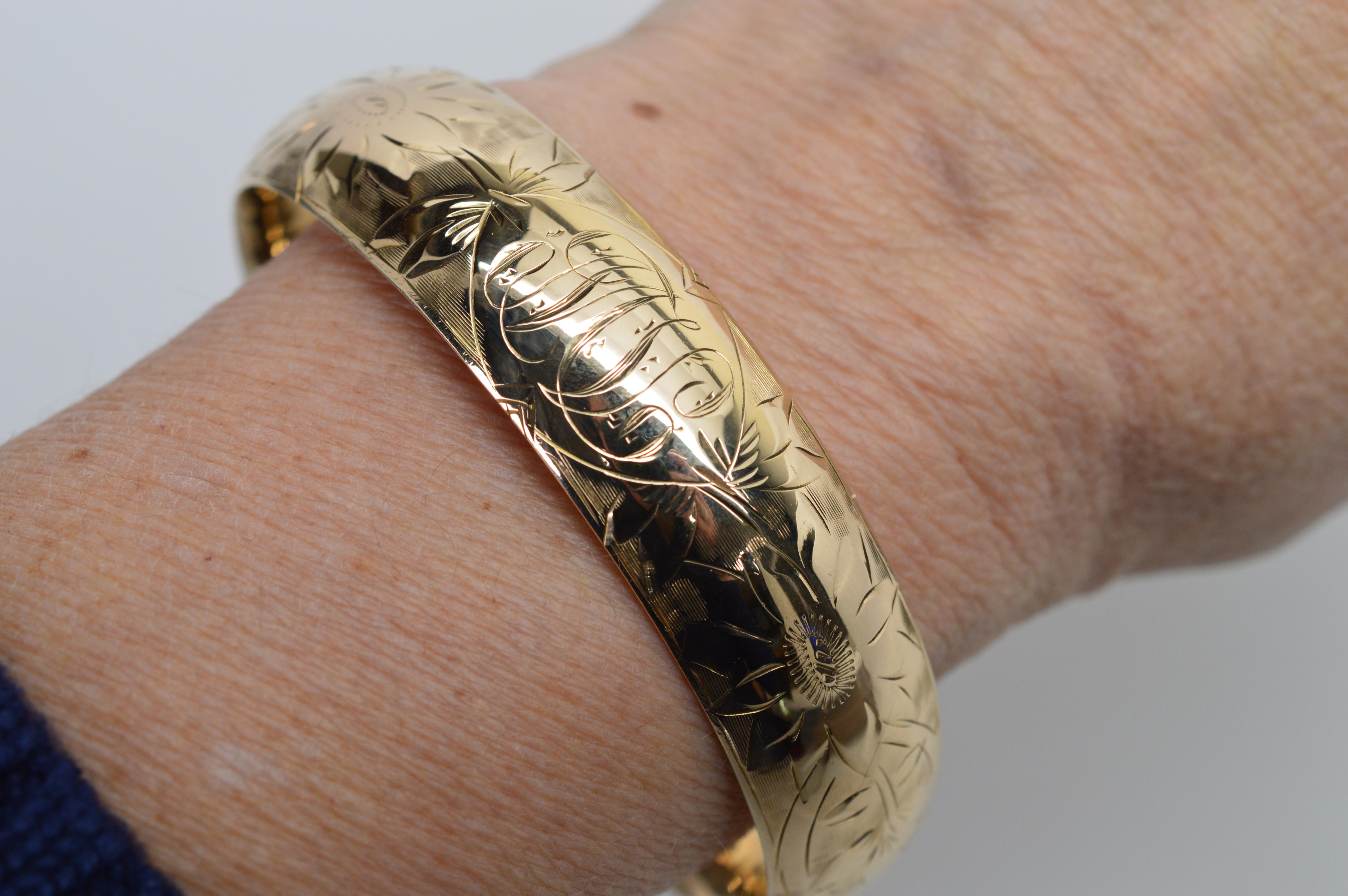 Women's Antique Hand Engraved 14 Karat Yellow Gold Bangle Bracelet