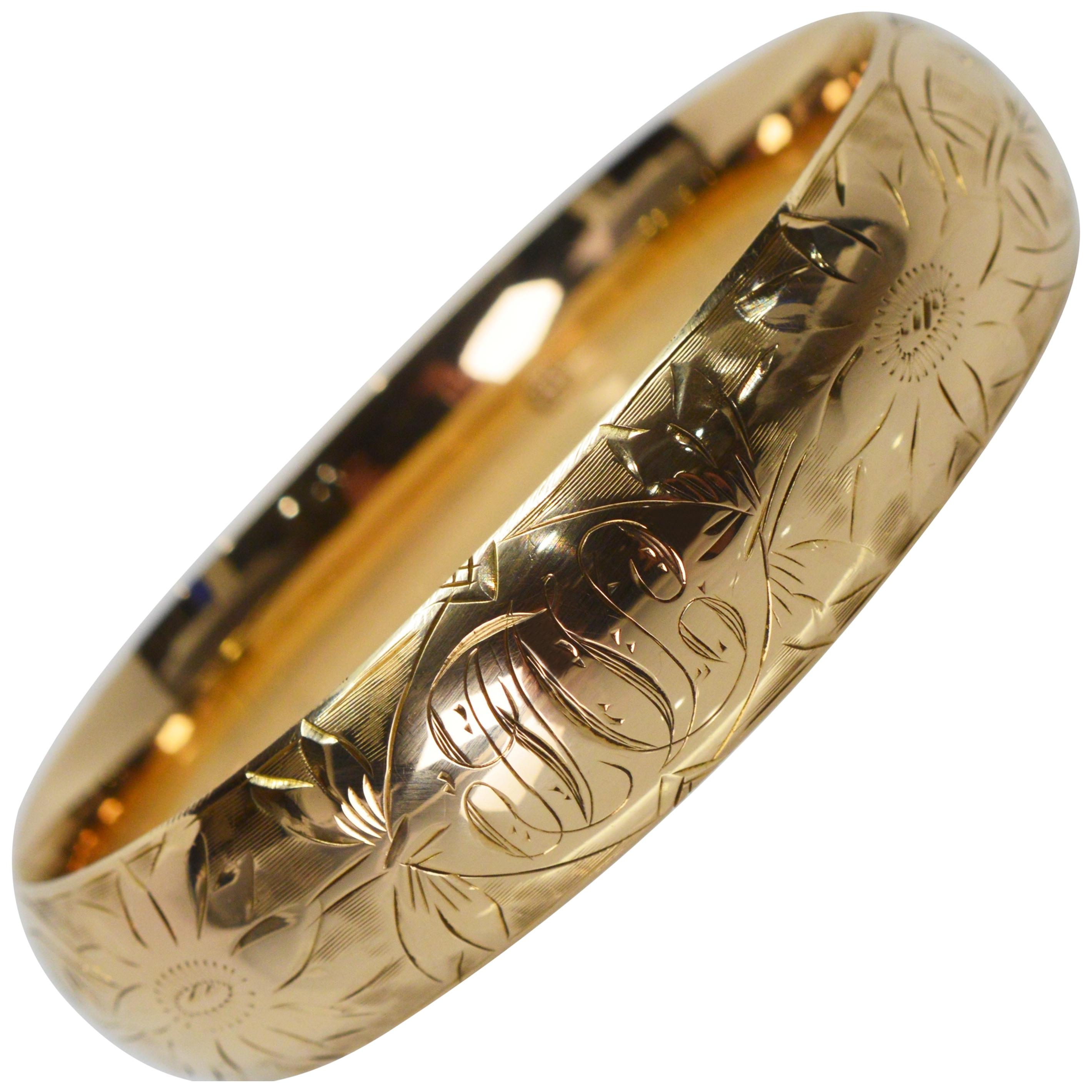 Antique Hand Engraved 14 Karat Yellow Gold Bangle Bracelet