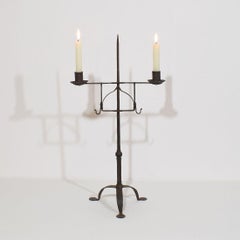 Antico portacandele in ferro forgiato a mano, altezza regolabile, Inghilterra, 1700-1800