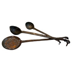 Antique Hand-Forged Iron Cooking Ladles – Set of Three Rustic Kitchen Utensils
