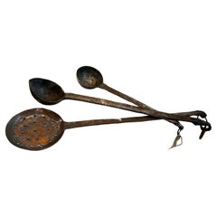Used Hand-Forged Iron Cooking Ladles – Set of Three Rustic Kitchen Utensils